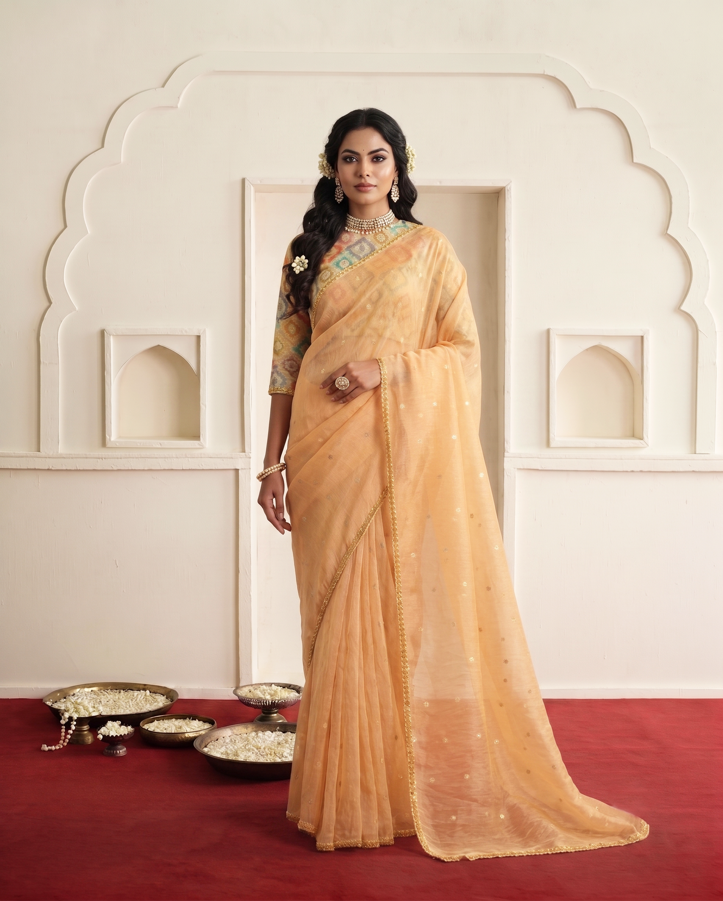 Orange Two Tone Jacquard Butti Tusser Saree | Pure Cut Work with Weave Rangkat Blouse