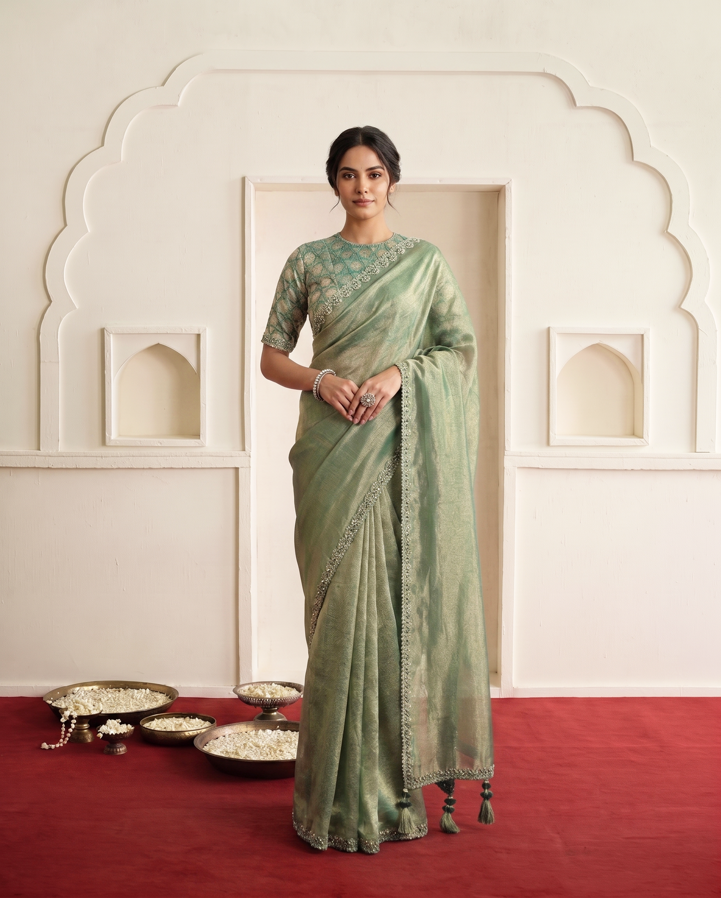 Green Pure Banarasi Jari Pleat Saree | Sequin & Handwork with Weave Rangkat Blouse