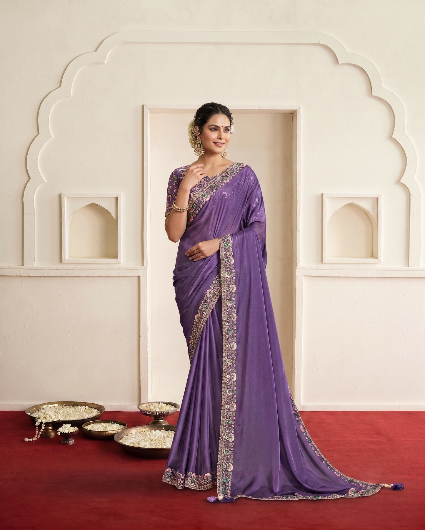 Lavender Habotai Silk Saree | Sequin & Handwork with Satin Silk Blouse