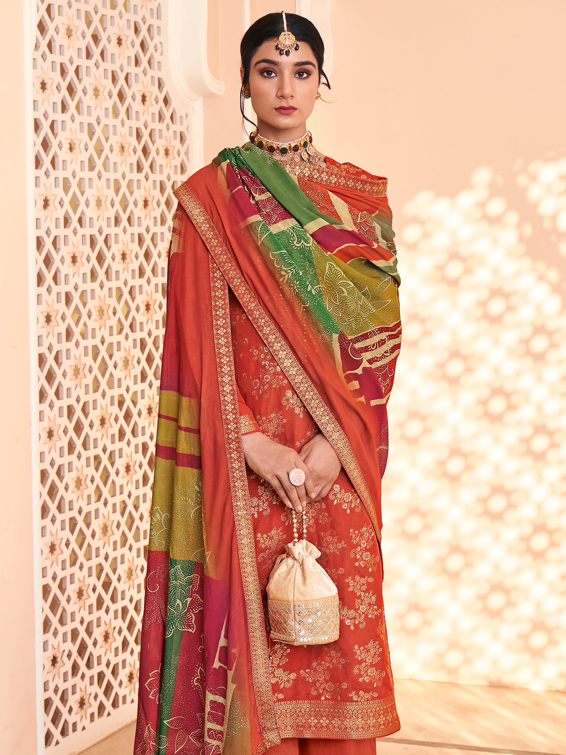 Autumn Rust Dola Silk Jacquard Bridal Suit | Hand-Embroidered Paisley & Sequin Couture