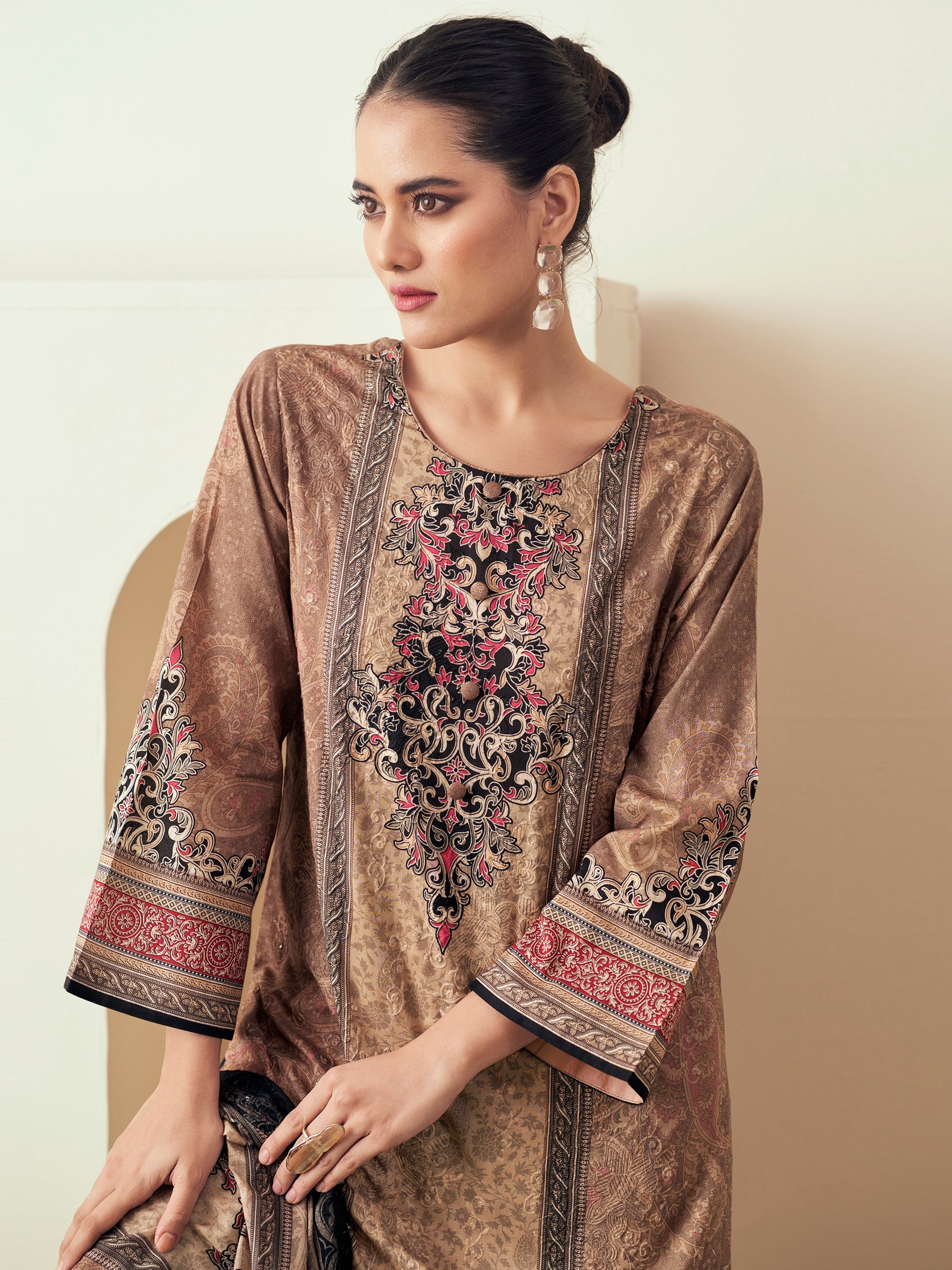 Autumn Earth Designer Dress Material | Floral Digital Print with Resham & Sequin Embroidery