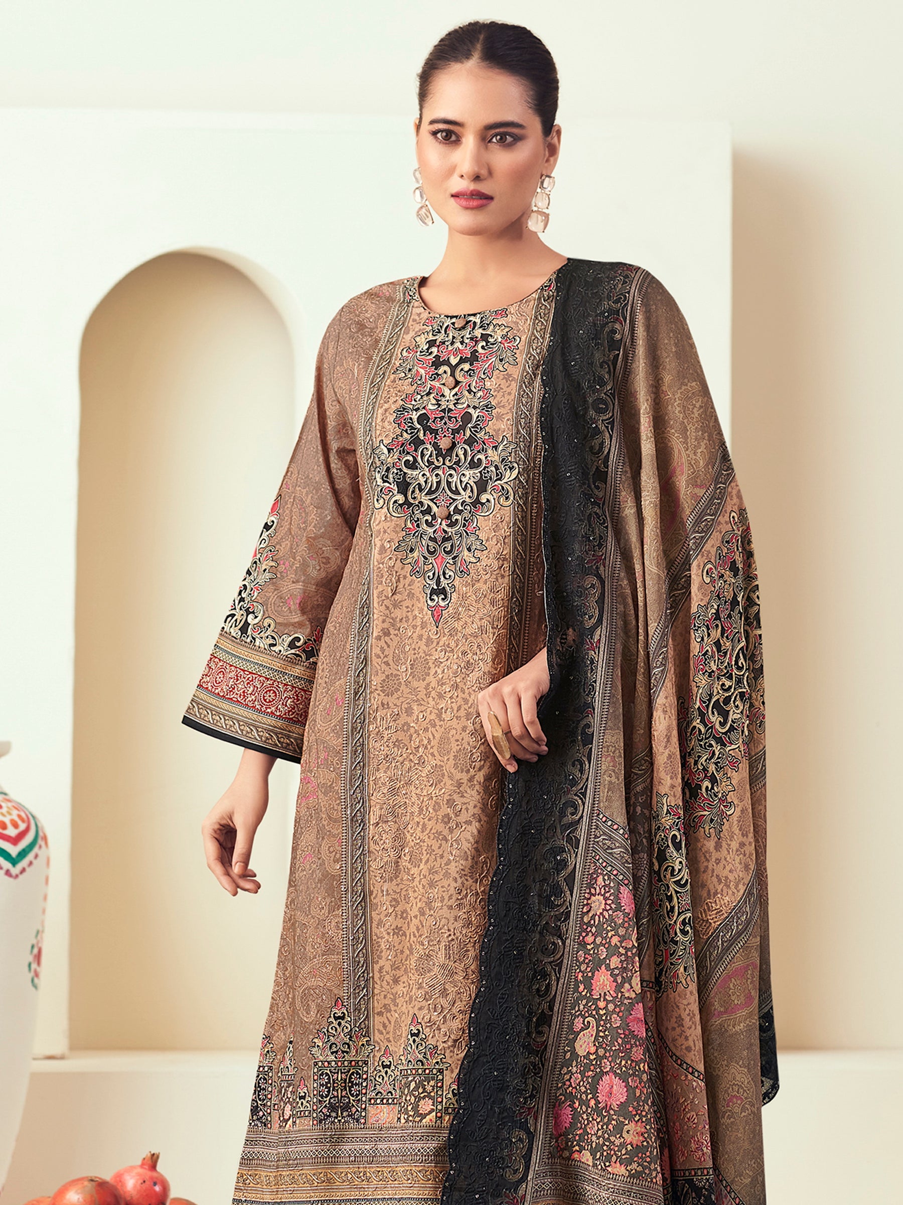 Autumn Earth Designer Dress Material | Floral Digital Print with Resham & Sequin Embroidery