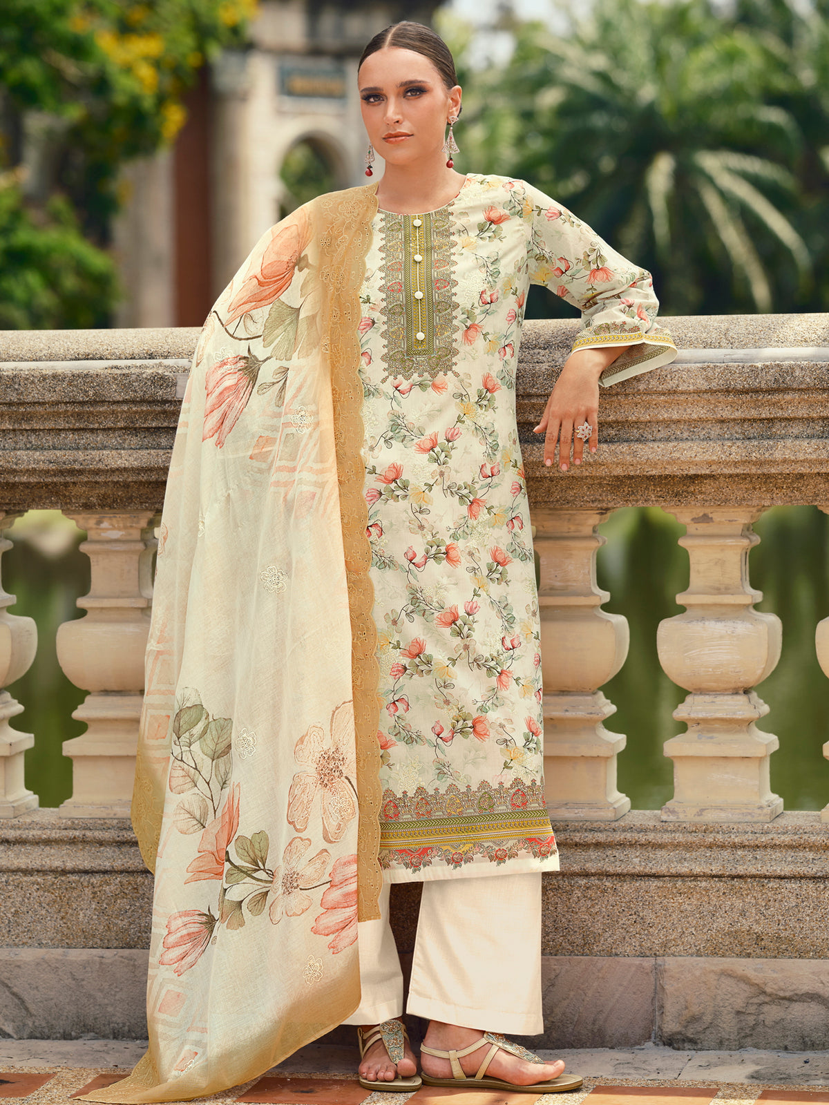 Ethereal Cream Lawn Cotton Dress Material | Floral Digital Print with Resham Thread & Cut Work
