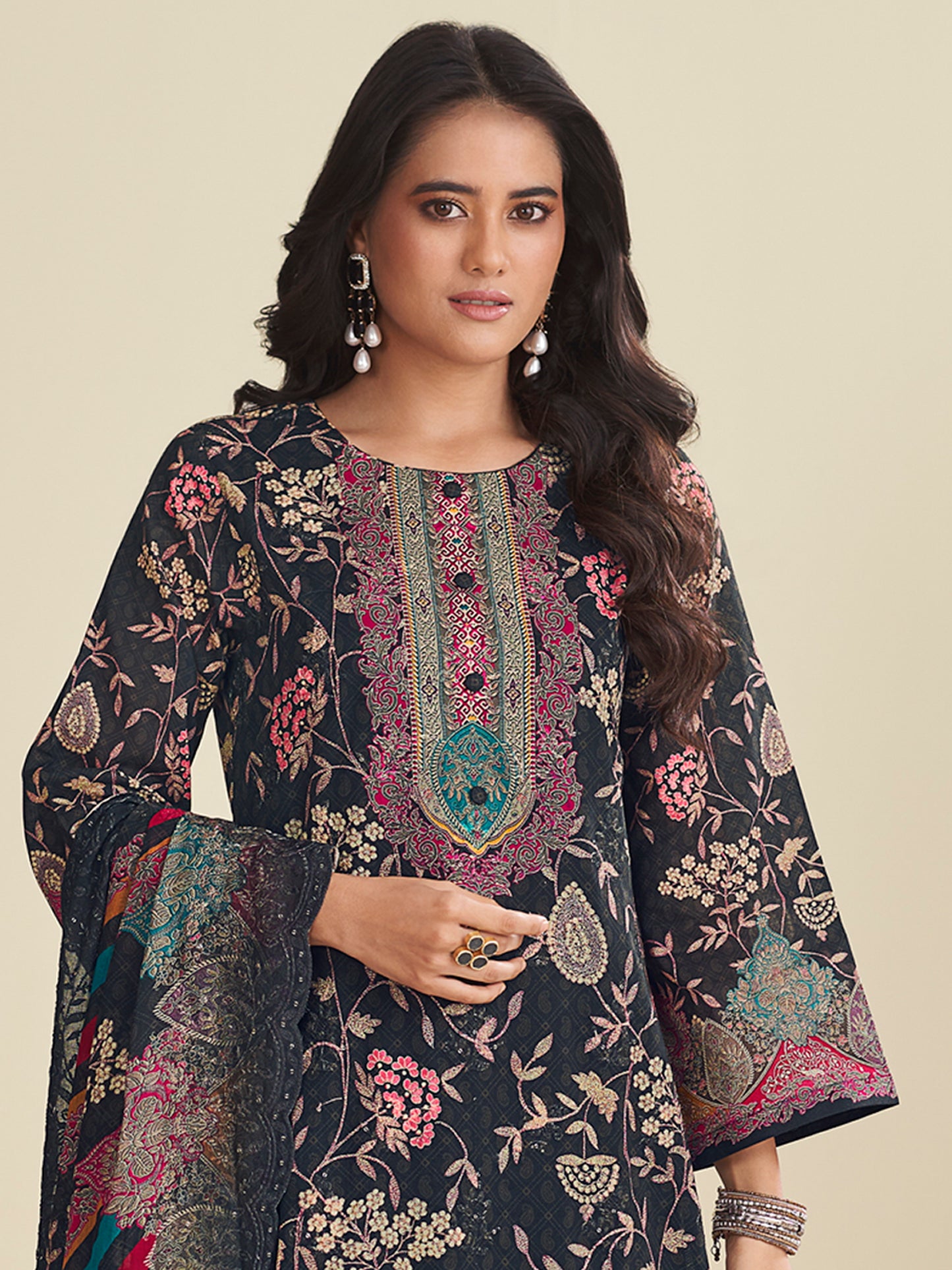 Elegant Black Lawn Cotton Designer Suit | Digital Floral Print with Resham Embroidery| Unstitched Fabric