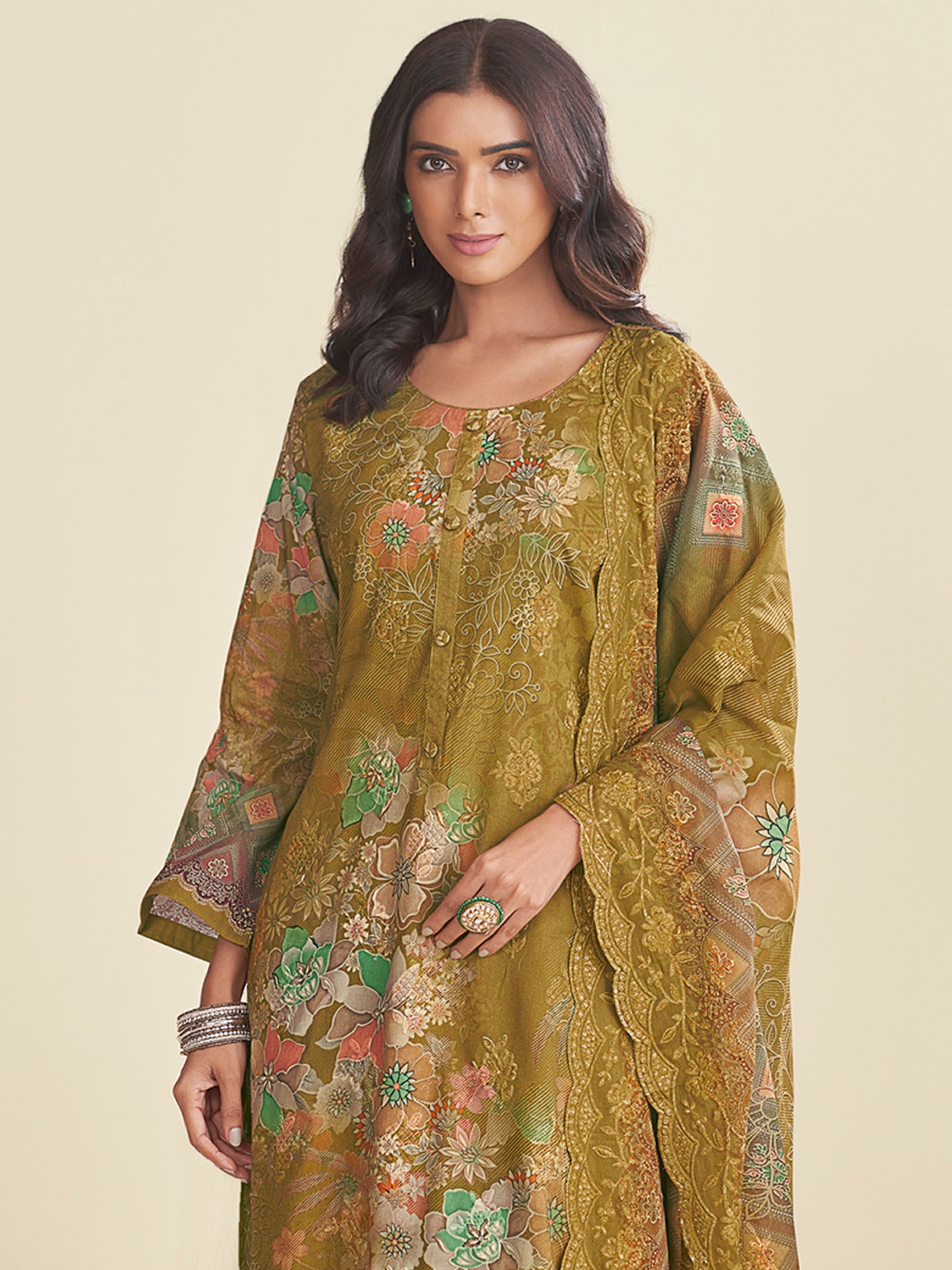 Serene Green Lawn Cotton Designer Suit | Floral Digital Print with Embroidered Details| Unstitched Fabric