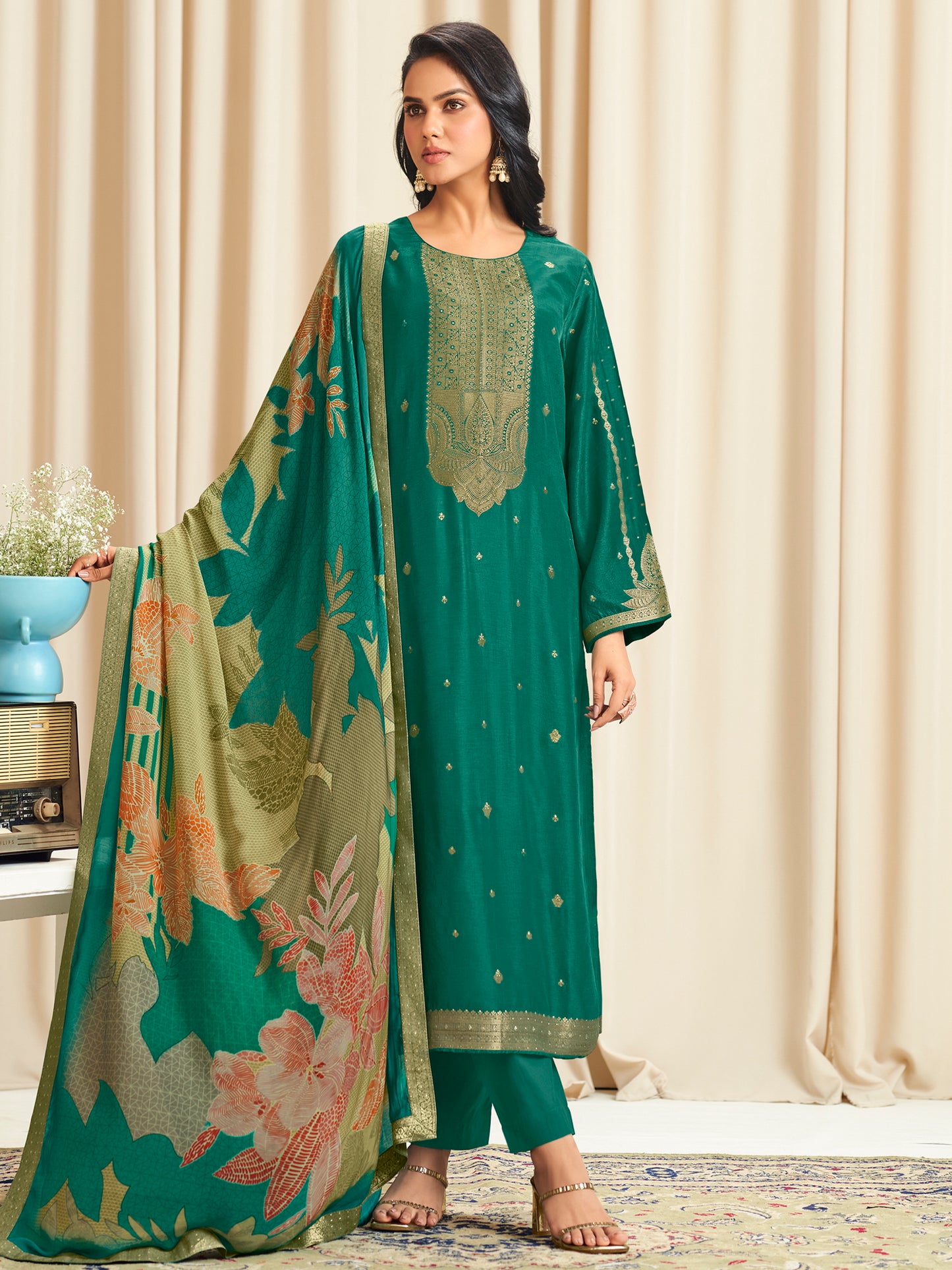 Enchanting Green Dola Silk Jacquard Designer Suit | Traditional Woven with Digital Print Dupatta| Unstitched Fabric