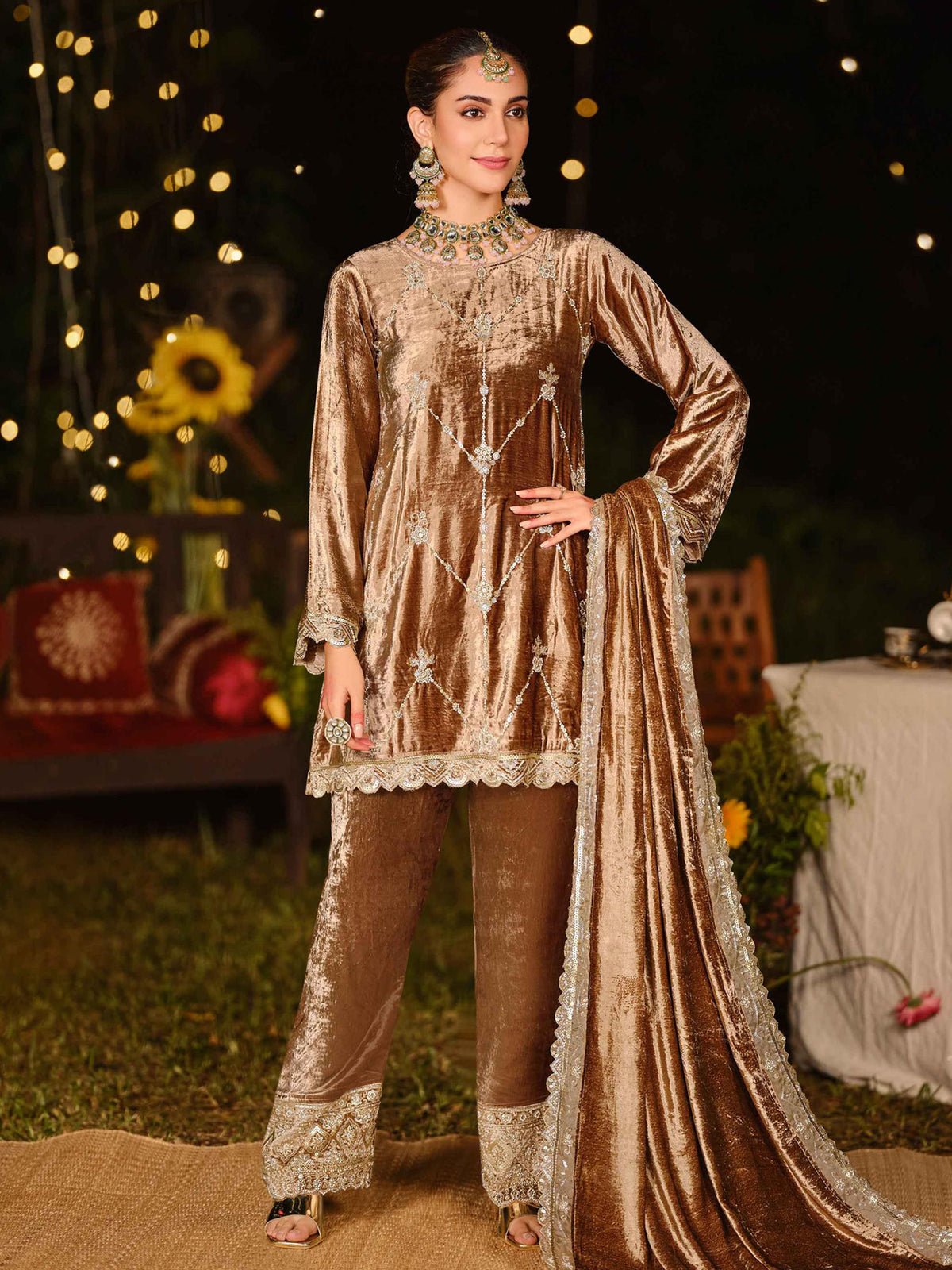Earthy Brown Velvet Jardoshi Embroidered Dress Material | Elegant Handwork with Beads & Sequin