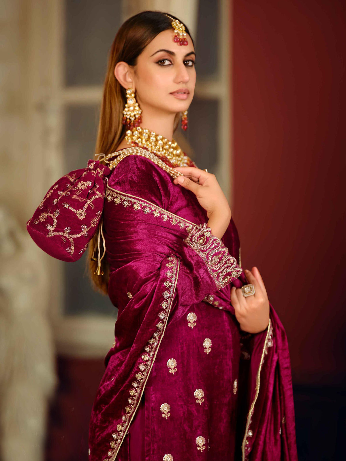 Magenta Velvet Jardoshi Embroidered Dress Material | Beaded & Sequin Couture
