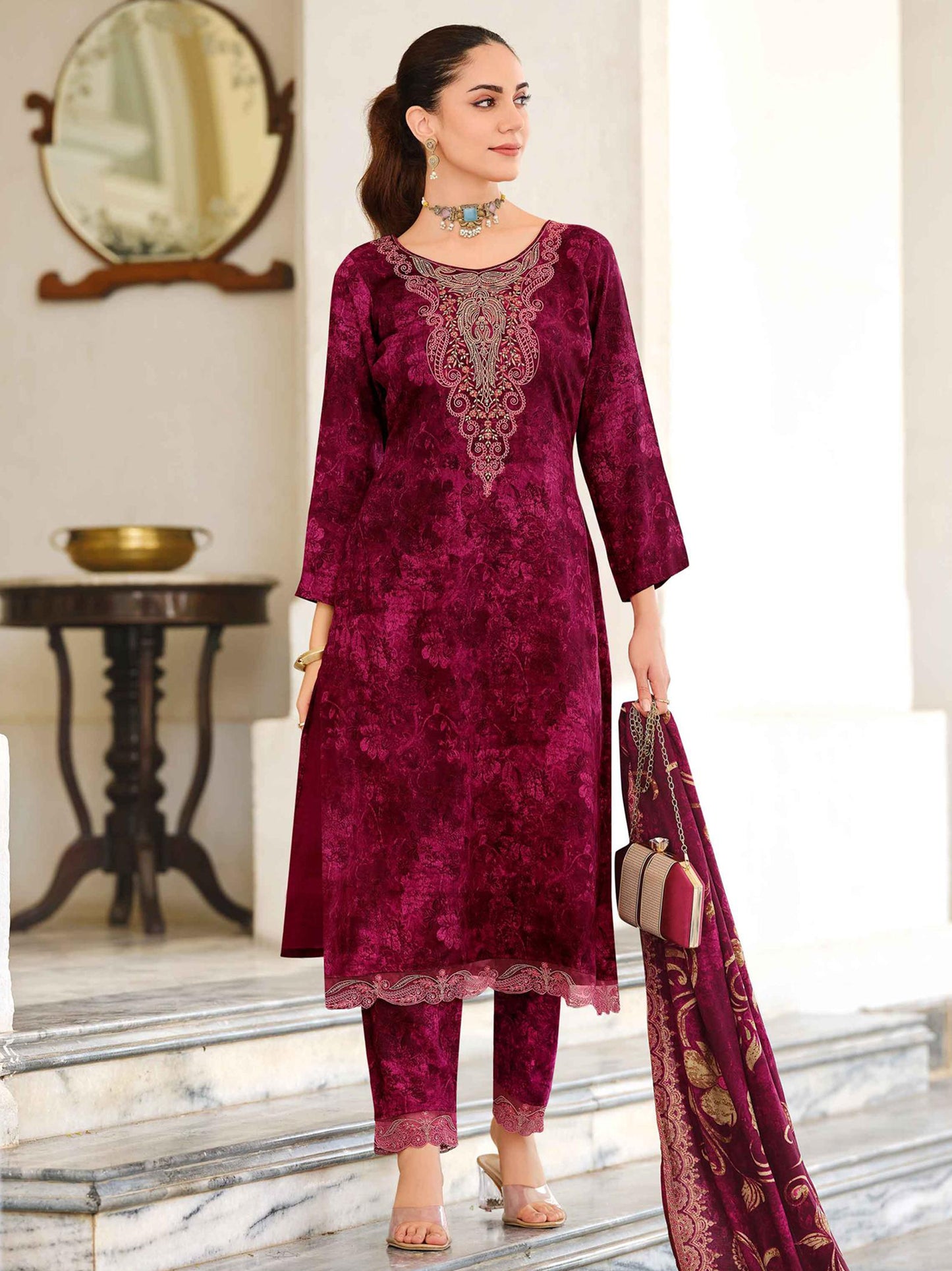 Magenta Pashmina Embroidered Dress Material | Elegant Kashmiri Work with Digital Printed Dupatta| Unstitched Fabric