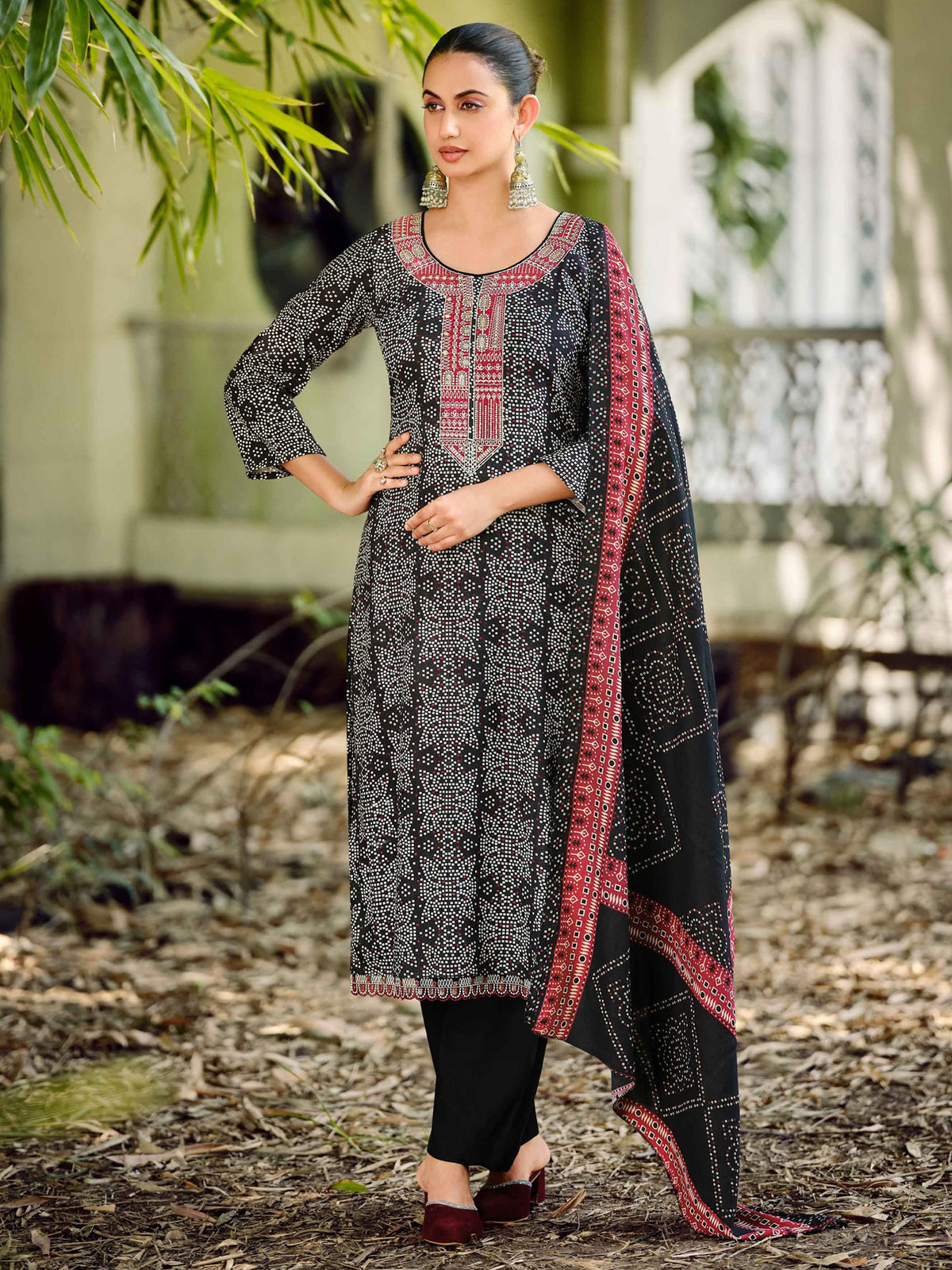 Classic Black Pashmina Designer Dress Material | Digital Bandhani Print with Embroidered Neckline
