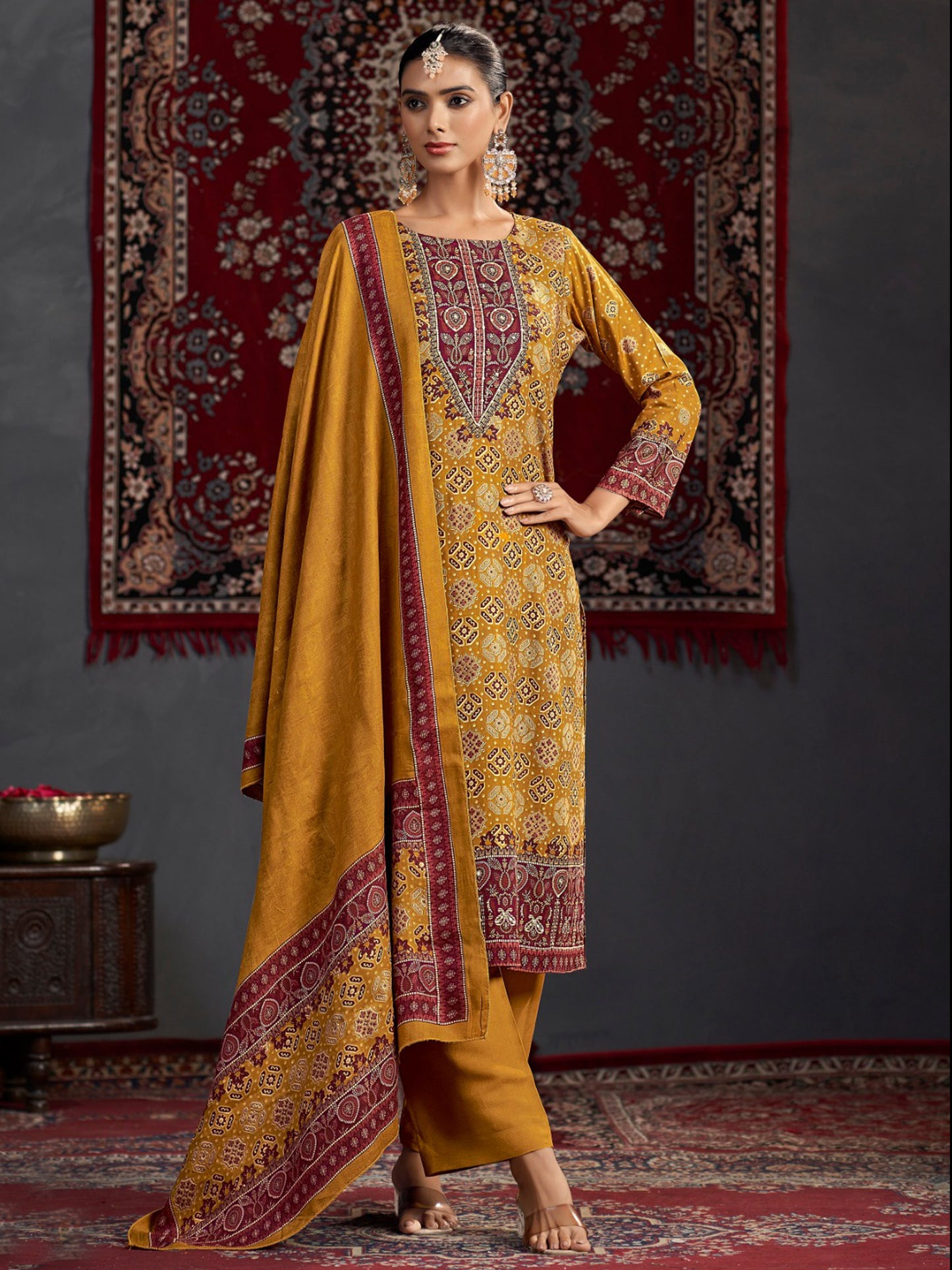 Mustard Pashmina Digital Print Dress Material | Jari Work & Sequin Embellished Suit| Unstitched Fabric