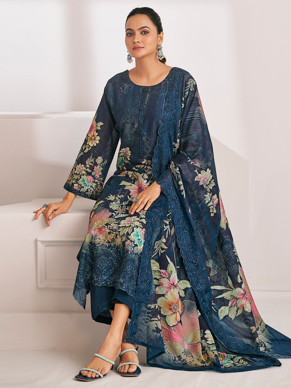 Navy Blue Lawn Cotton Digital Print Suit | Floral Design with Resham Thread Work| Unstitched Fabric
