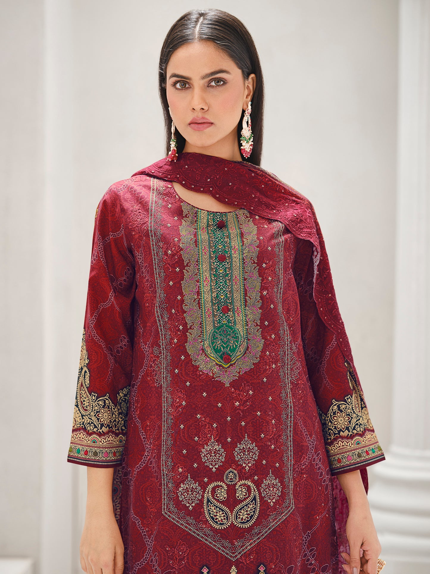 Maroon Lawn Cotton Digital Print Suit | Contrast Floral Design with Resham & Sequin Work| Unstitched Fabric