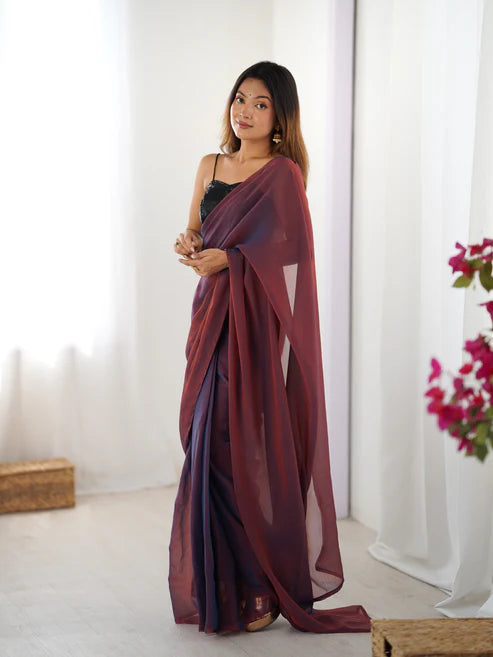 Glassy Two Tone Ready to Wear Saree with Sequin Embroidered Blouse