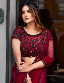 Red Armani Tulle Designer Saree | Pure Beads Hand Work with Stitched Blouse