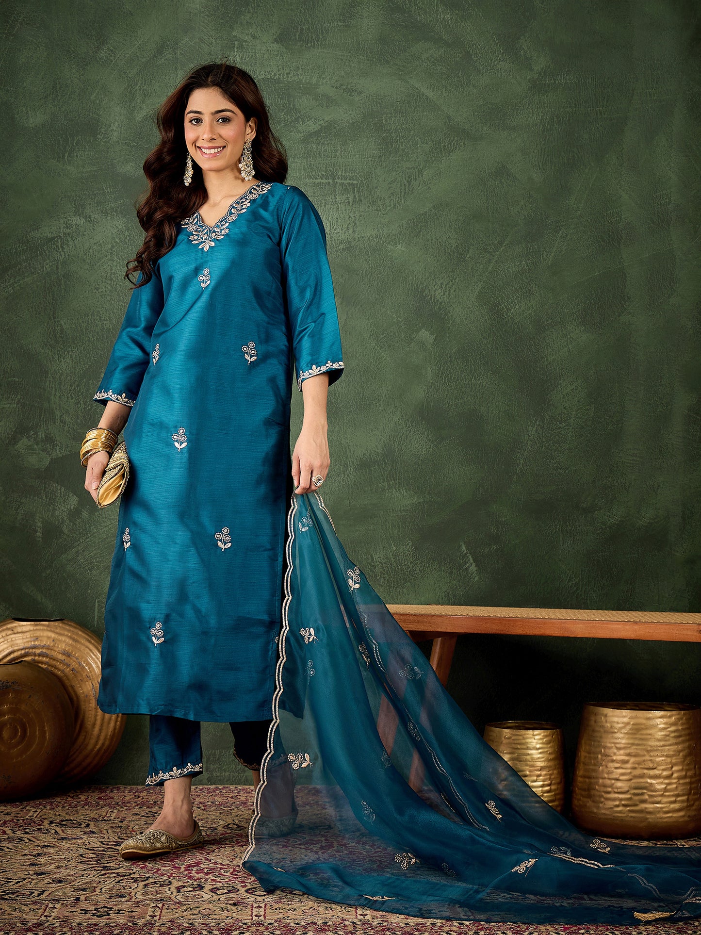 Teal Temptation Silk Blend Suit | Designer Embroidered Organza Dupatta Masterpiece| Unstitched Fabric