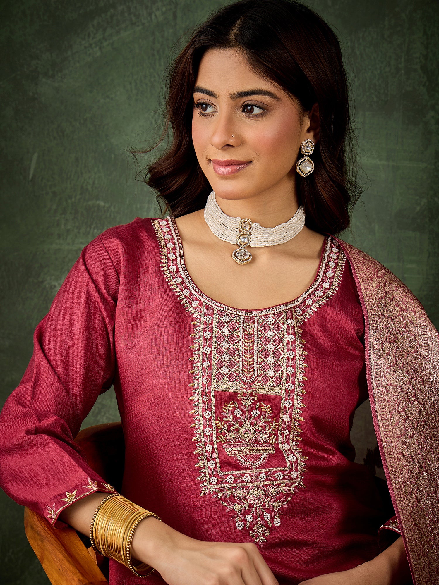 Maroon Majesty Viscose Rayon Suit | Designer Embroidered Organza Dupatta Ensemble