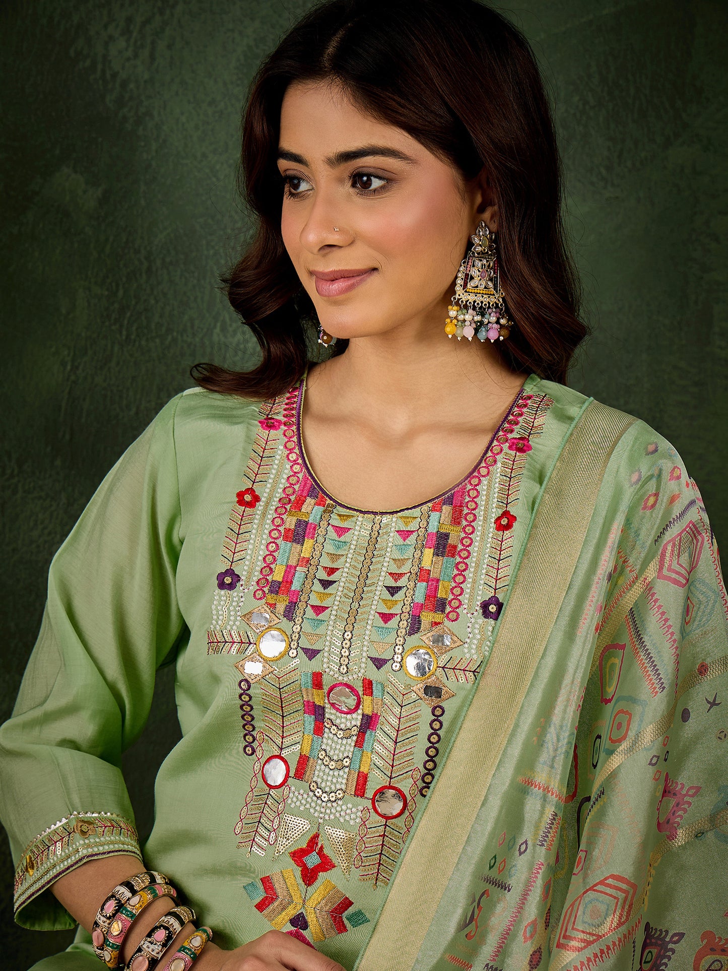 Pista Perfection Silk Blend Suit | Designer Embroidered Digital Printed Dupatta Ensemble| Unstitched Fabric