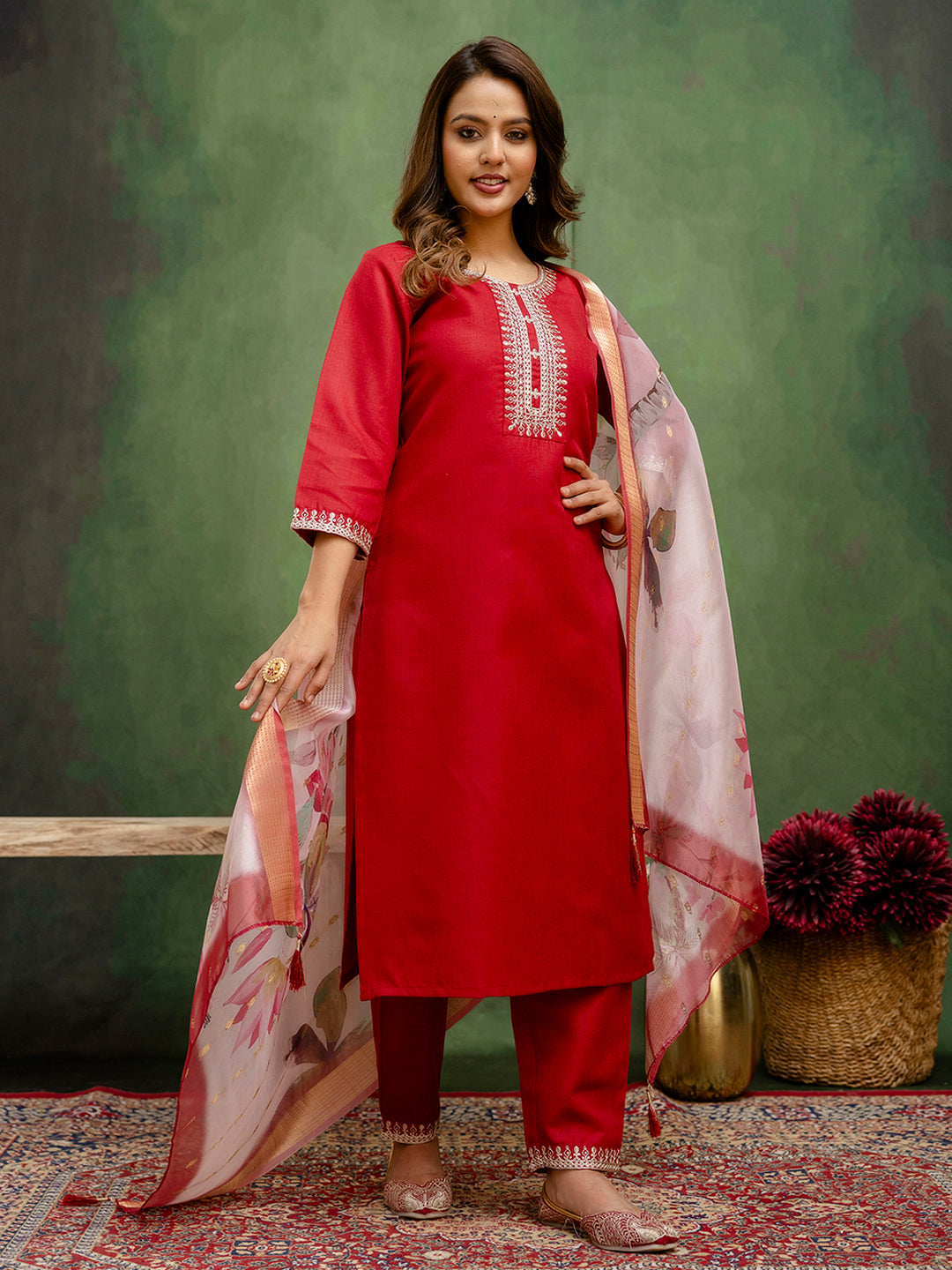 Regal Maroon Cotton Blend Suit | Designer Embroidery with Organza Dupatta| Unstitched Fabric