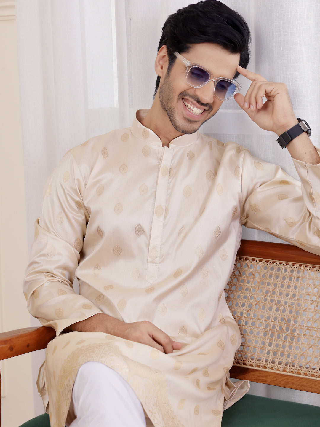 Pure Off White Viscose Rajwadi Kurta | Wevon Jacquard Art Silk Ensemble