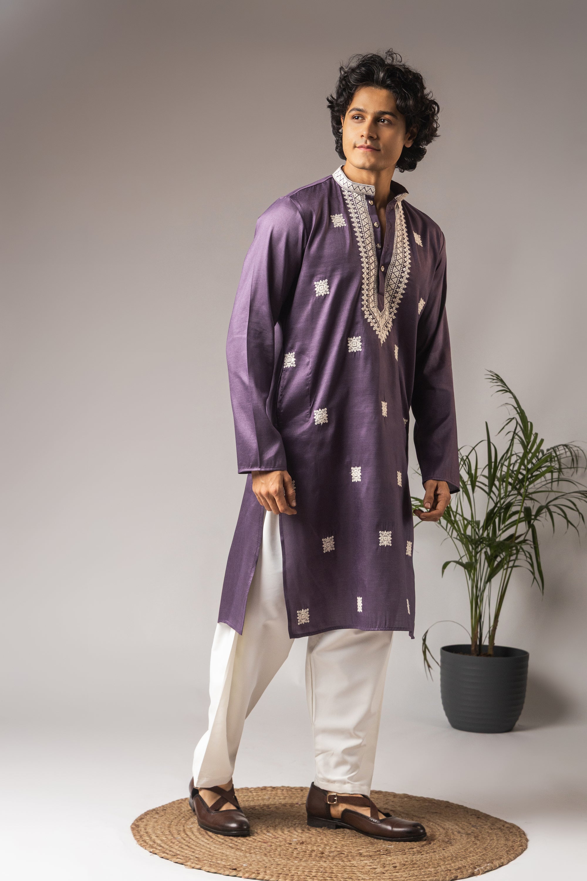 : Regal Purple Super Silk Weaved Festive Kurta with Payjama | Intricate Handwoven Motifs