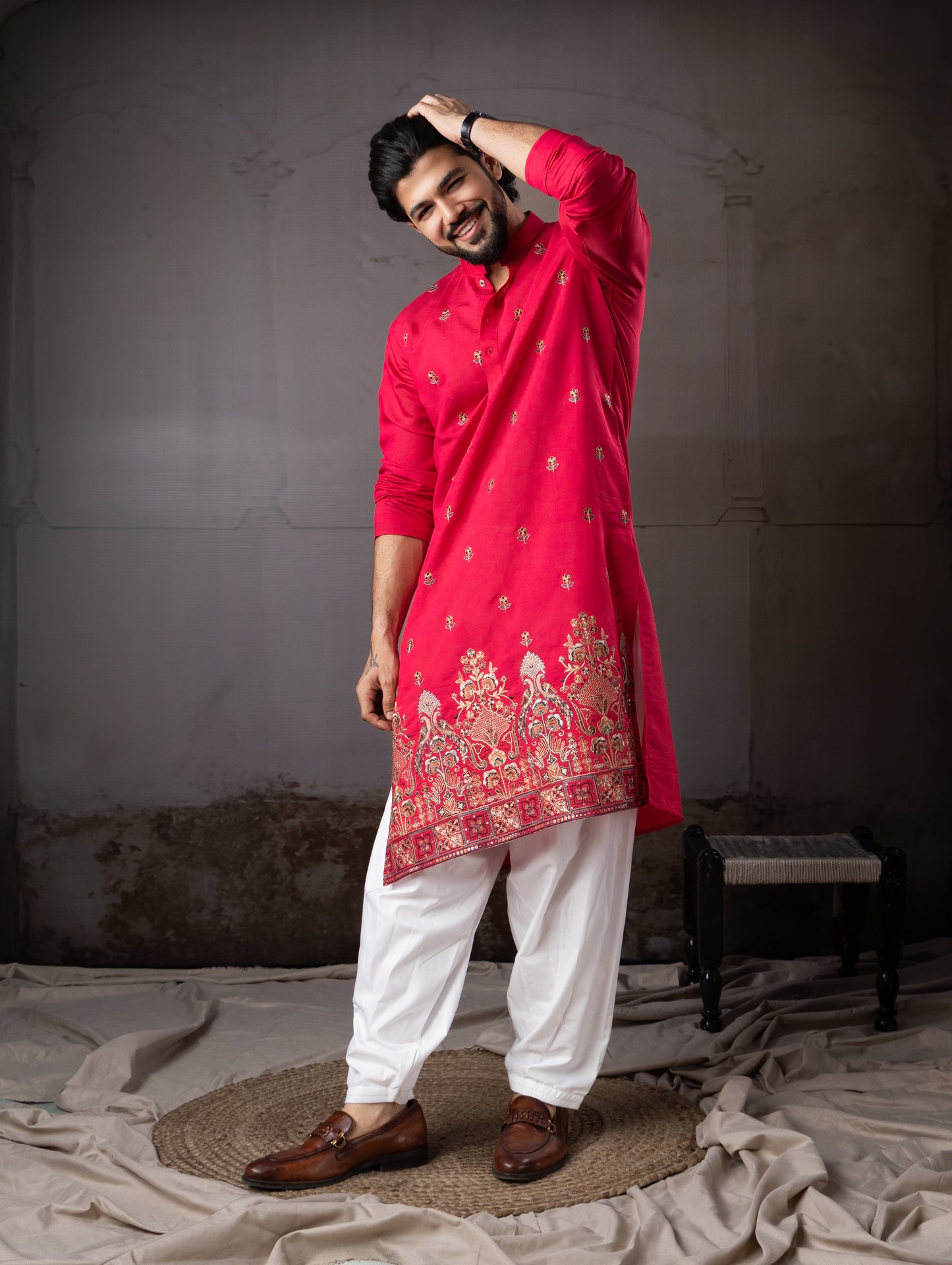 Cherry Red Rayon Embroidered Kurta Set for Festive Wear