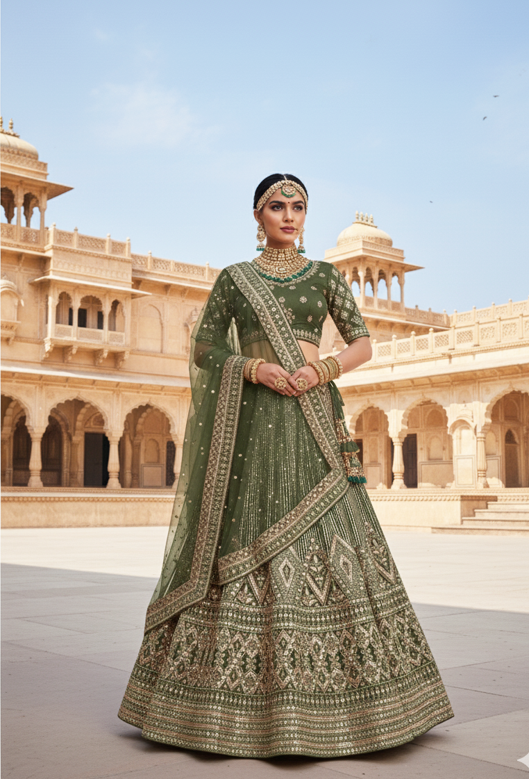 Mehandi Velvet Lehenga Choli | Sequins Embroidered Festive Ensemble