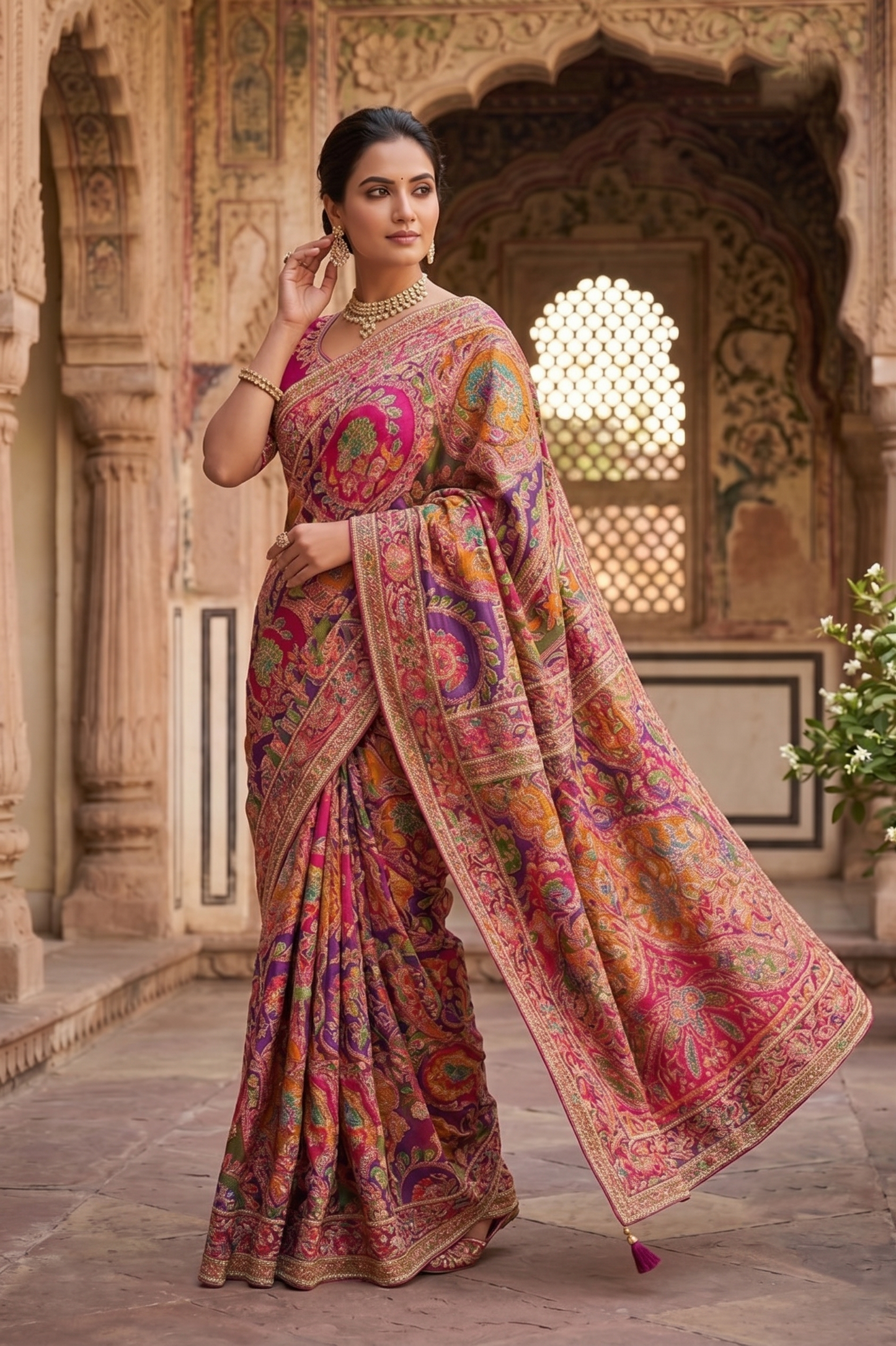 Rani Natural Crepe Saree | Aaari Handwork with Position Work
