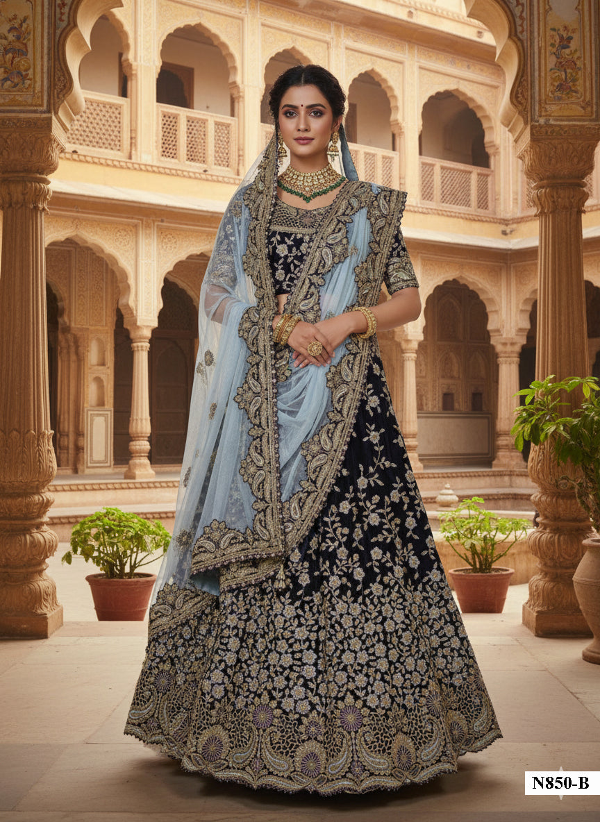 Royal Blue Velvet Lehenga Choli | Hand-Embroidered Stone Work Couture