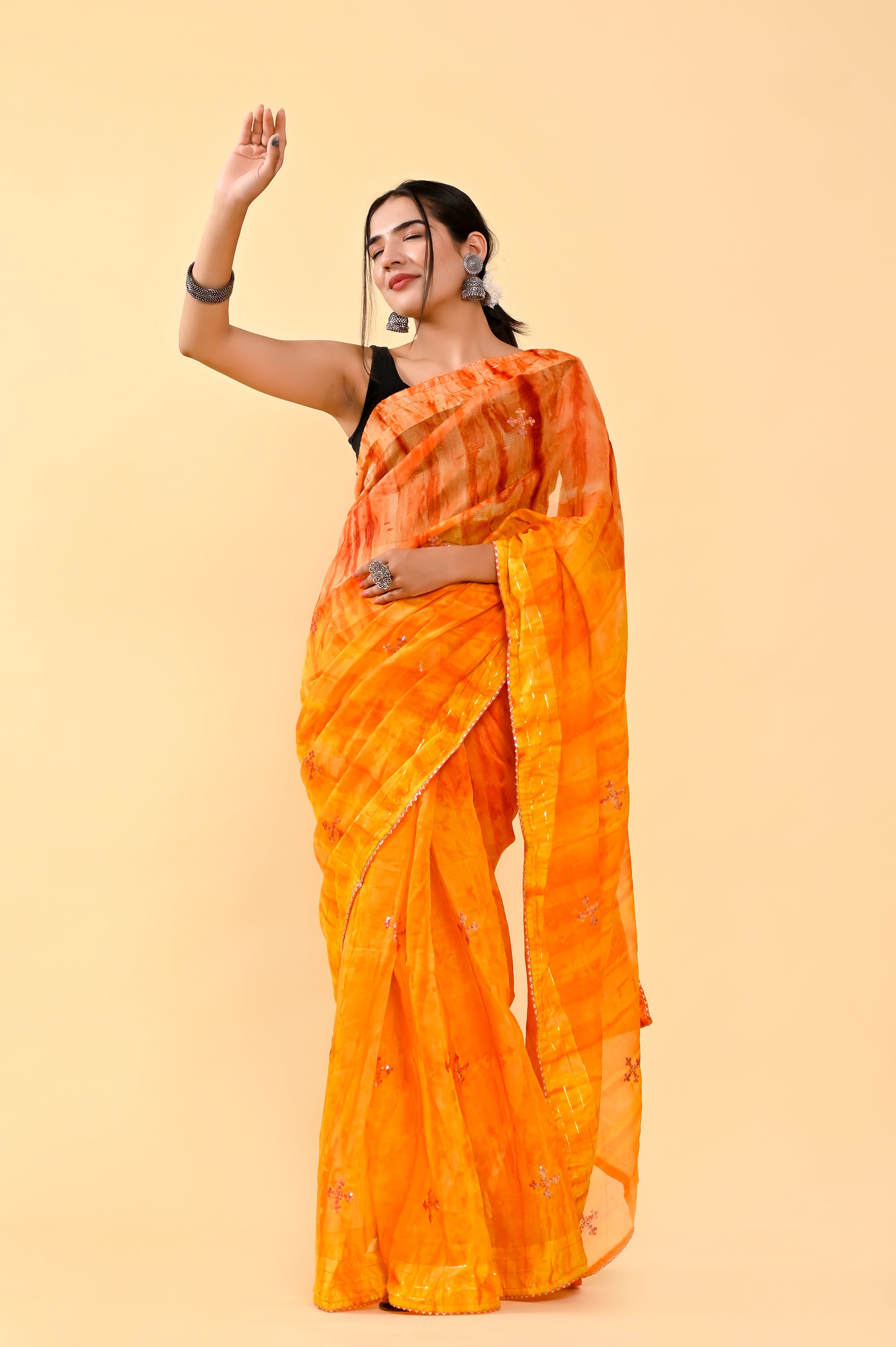 Autumn Harvest Cotton Saree | Sequin Embroidered & Patch Border Radiance