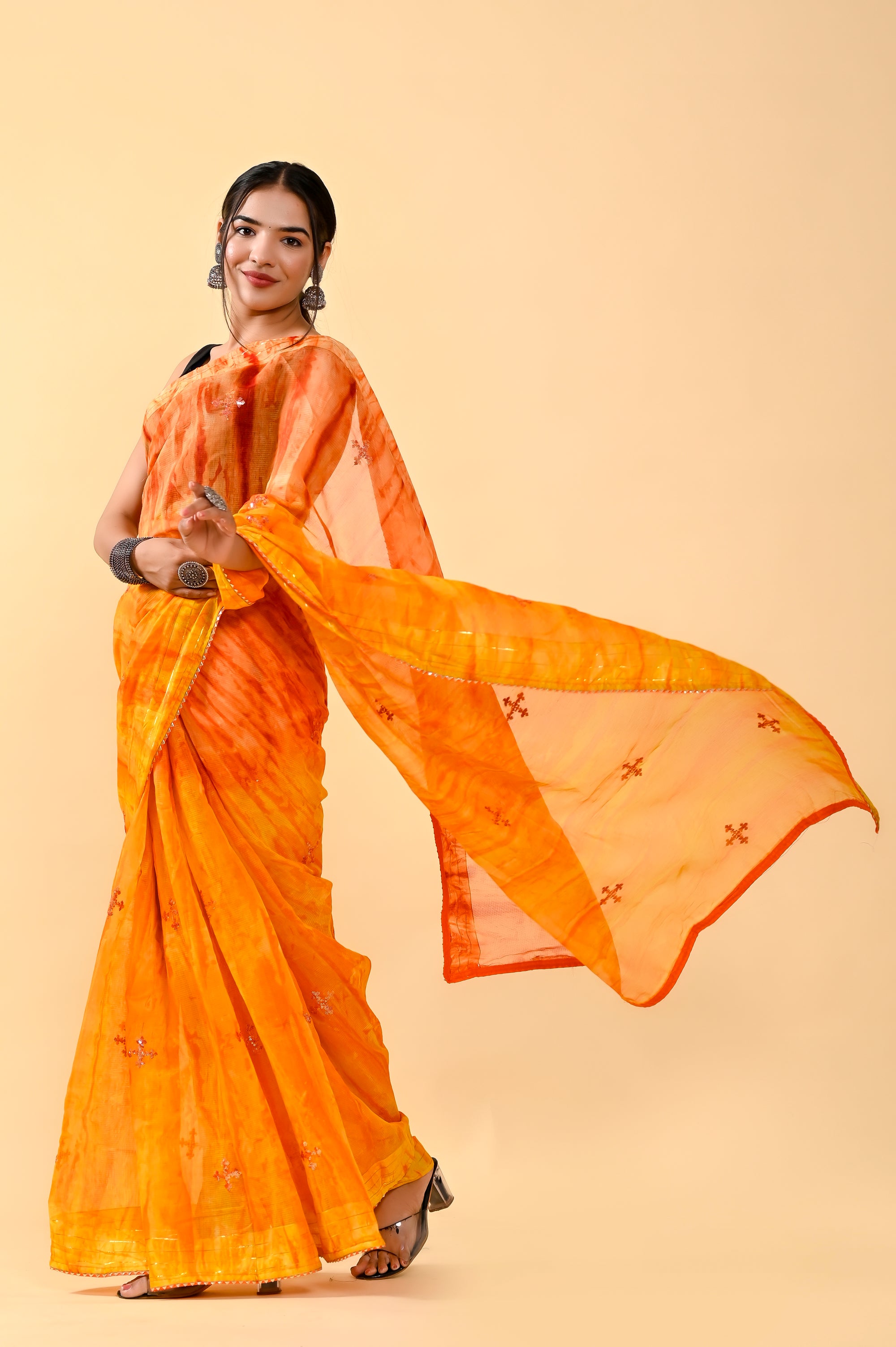 Autumn Harvest Cotton Saree | Sequin Embroidered & Patch Border Radiance
