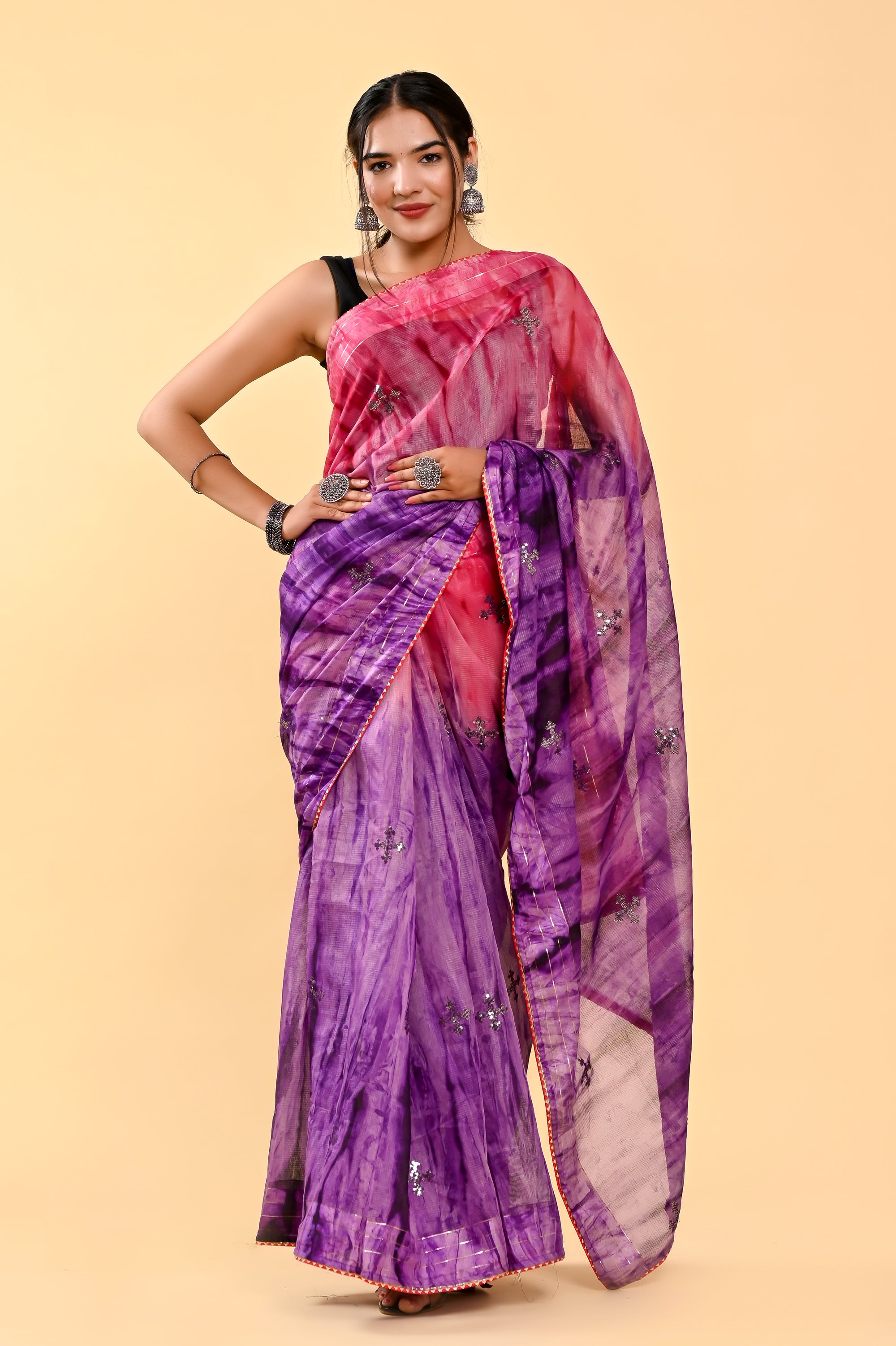 Rose Wine Cotton Saree | Sequin Embroidered & Patch Border Romance
