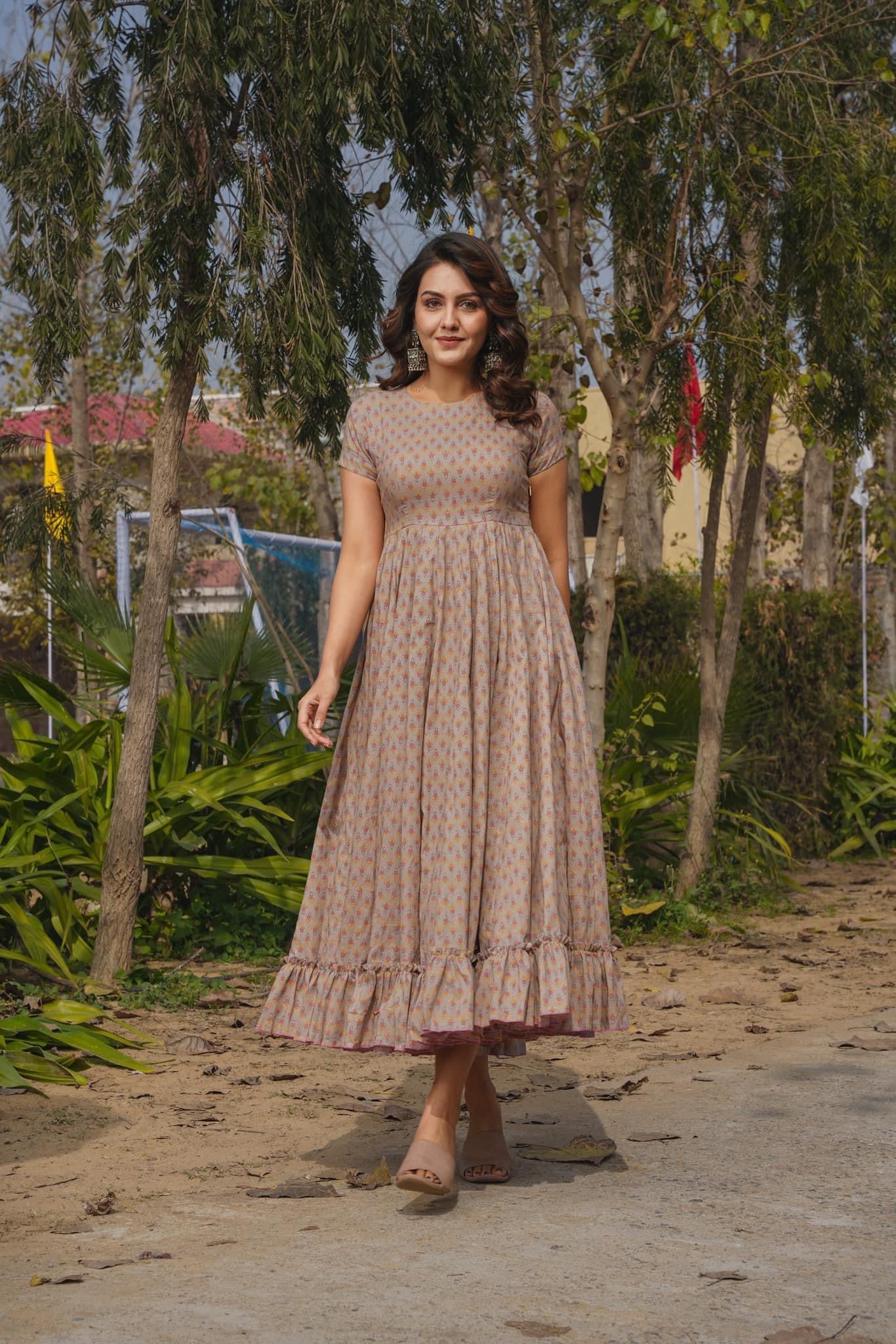 Light Brown Heavy Rayon Digital Anarkali Gown | Fully Flared Festive Ensemble