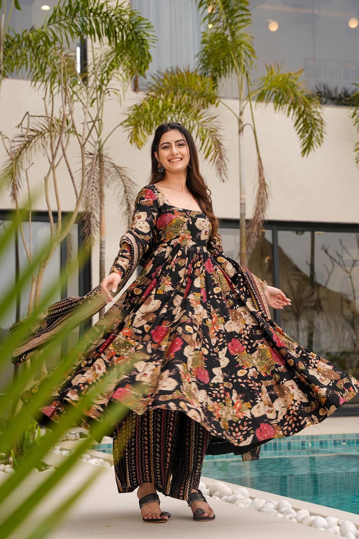 Rainbow Splendor Heavy Mal Cotton Anarkali Gown | Digital Printed Festive Couture