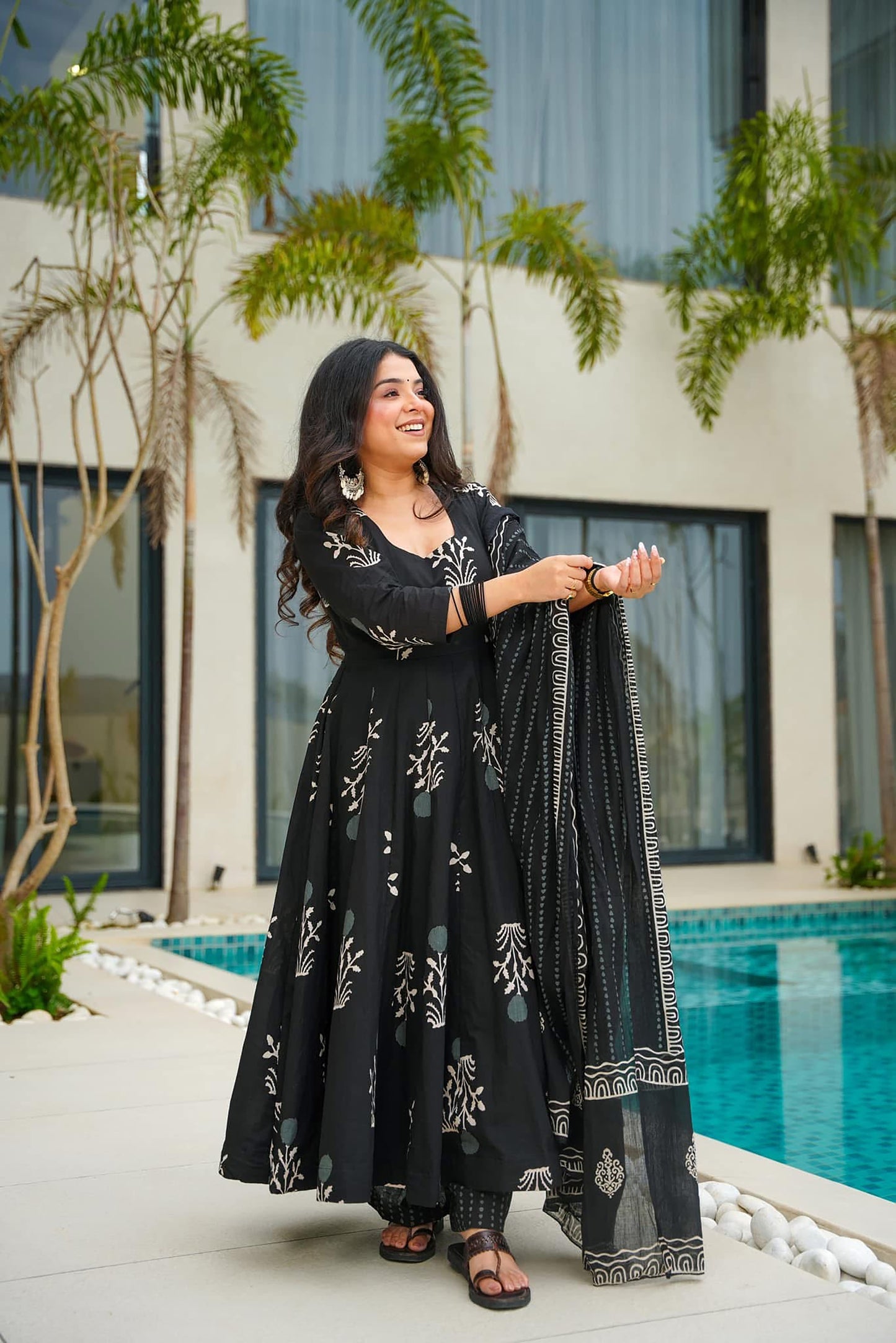 Multi-Color Digital Print Anarkali Gown | Heavy Mal Cotton Couture with Dupatta
