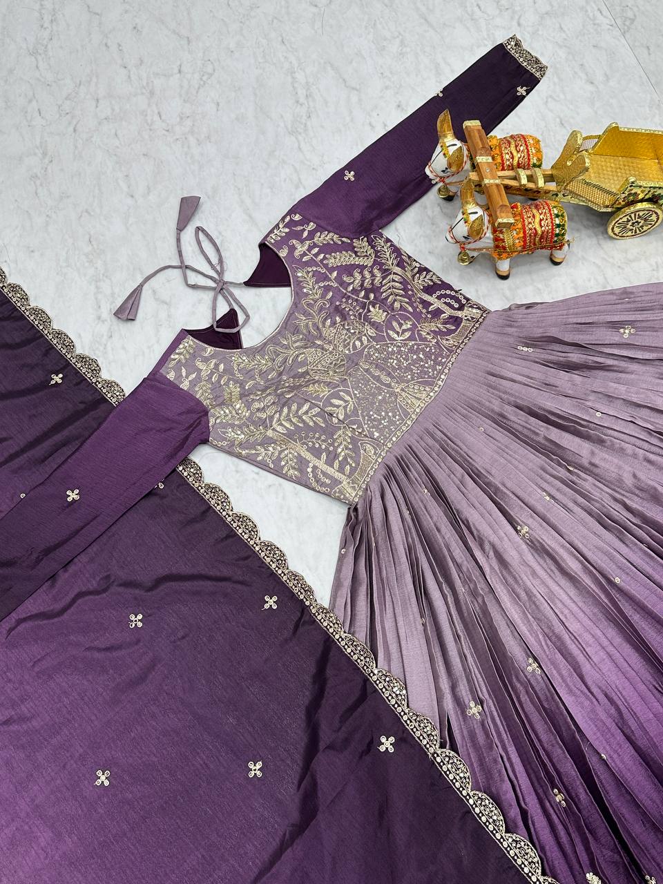 Purple & White Pure Peding Chinon Gown | Heavy 3mm Sequence Embroidery Couture
