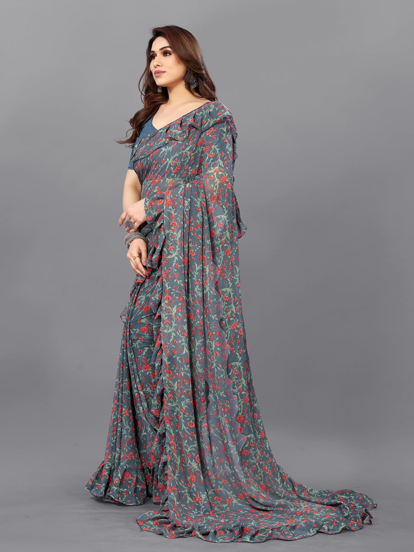 Sophisticated Grey Georgette Printed Ruffal Saree | Bagnlori Blouse