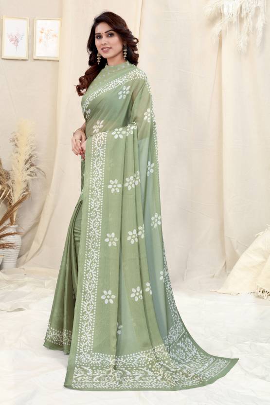 Gentle Peach Chinon Shiffon Printed Saree | Coordinated Printed Blouse Ensemble