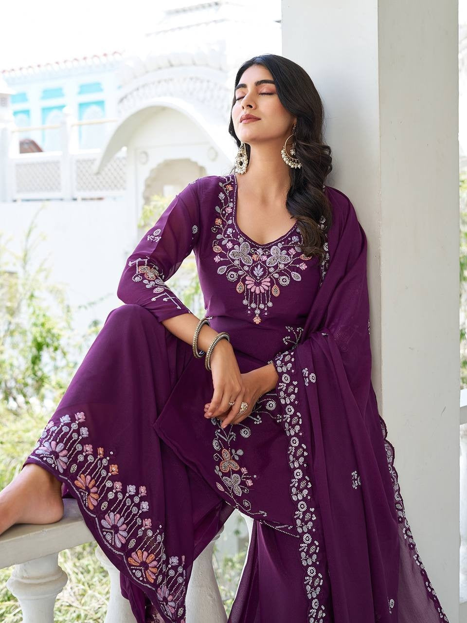 Beige Star Georgette Plazzo Suit | Heavy Moti Work & Sequence Embroidery Couture