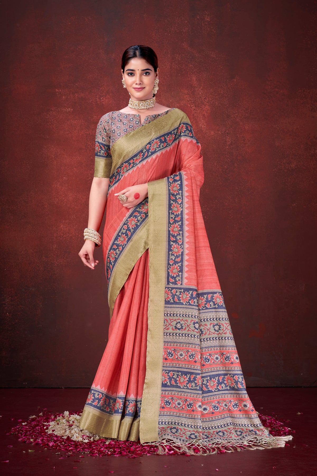 Passionate Red Poly Habotai Silk Foil Print Saree | Striking Floral Design with Unstitched Blouse