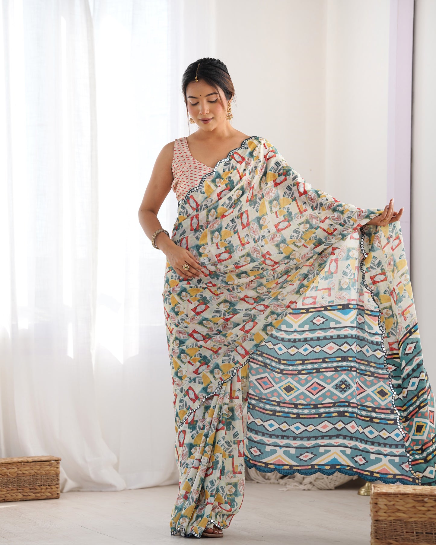 Pearl Perfection Chinon Party Wear Saree | Designer Digital Print with Mirror Cut Work