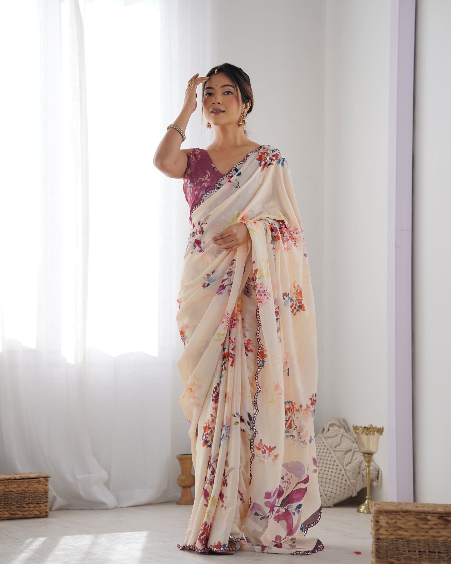 Sunset Peach Chinon Party Wear Saree | Designer Digital Print with Mirror Cut Work