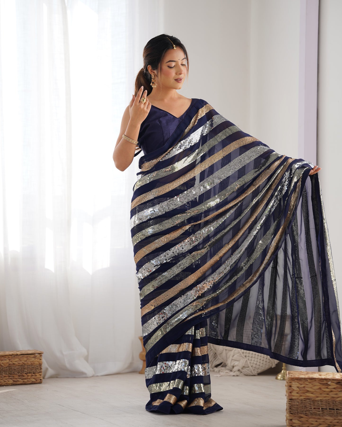 Royal Blue Georgette Saree | Designer Sequance Embroidery with Mono Banglori Blouse