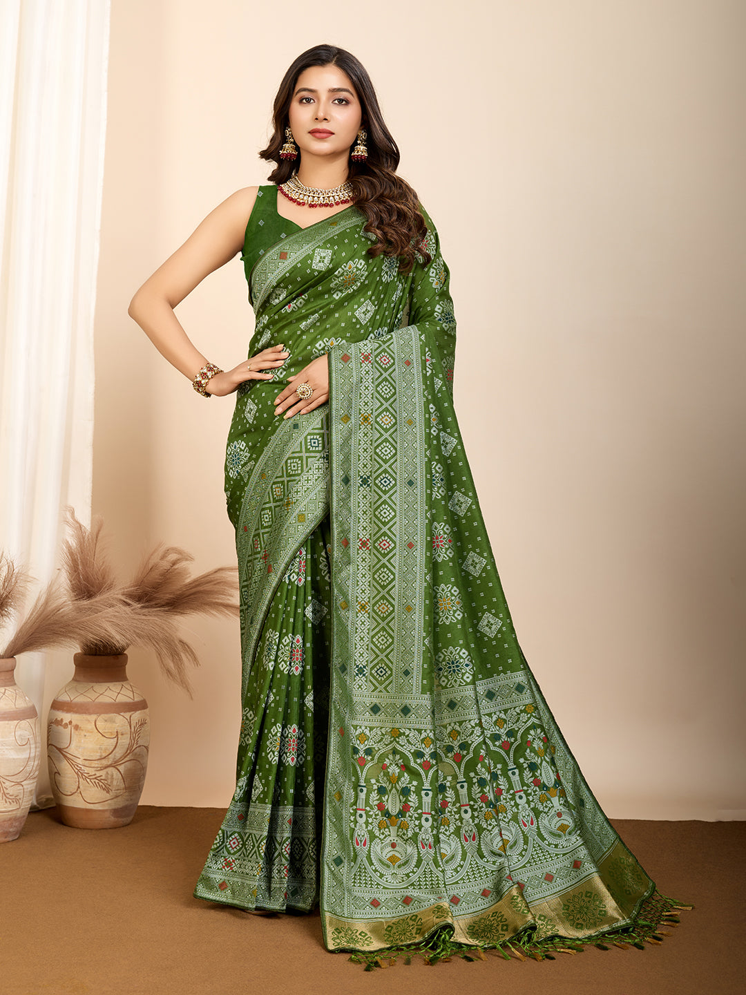 Mahendi Soft Silk Party Wear Saree | Woven Meenakari Rich Pallu Designer