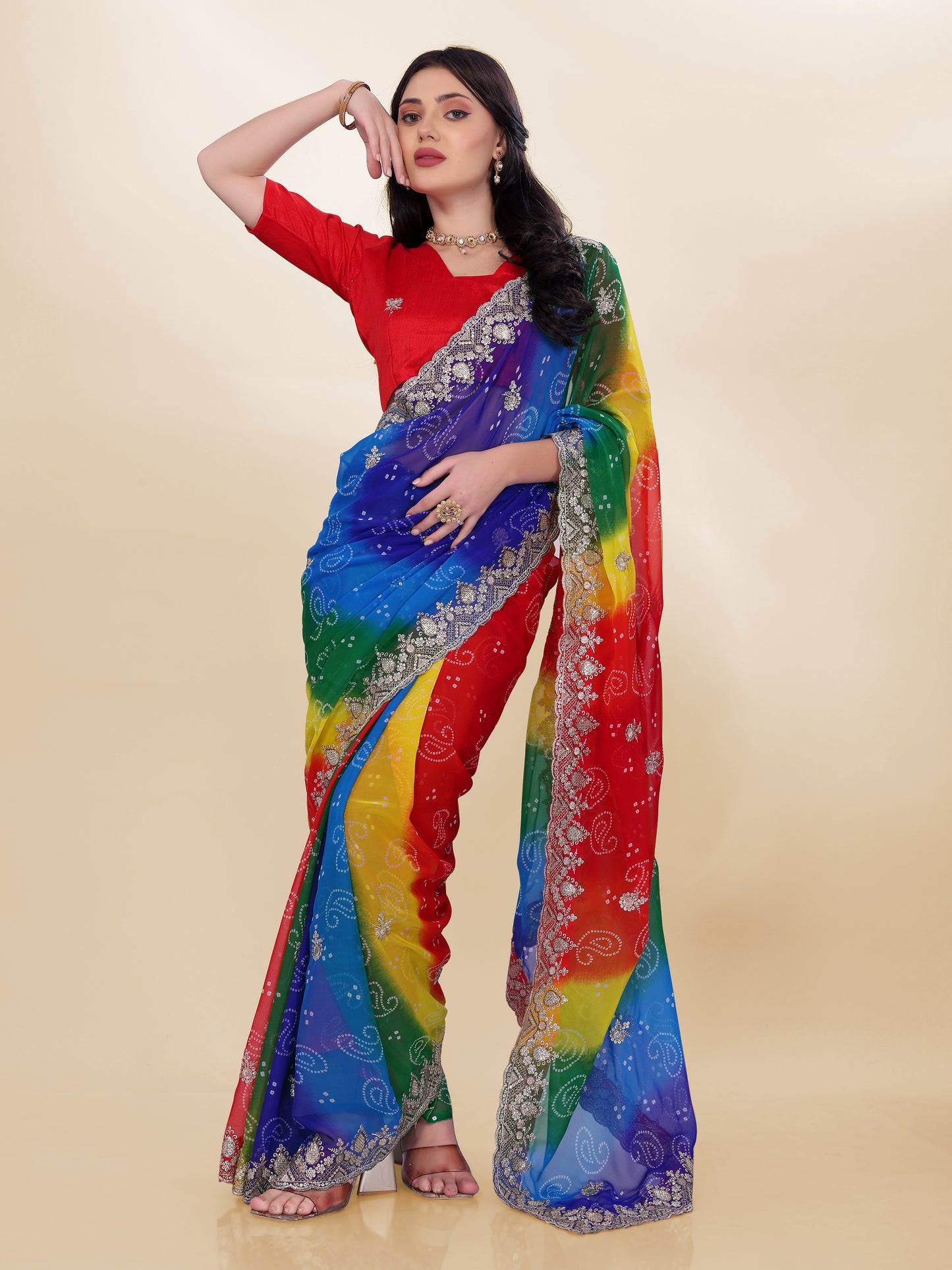 Royal Blue Georgette Saree | Bandhani Printed Embroidered Art Silk Blouse Couture