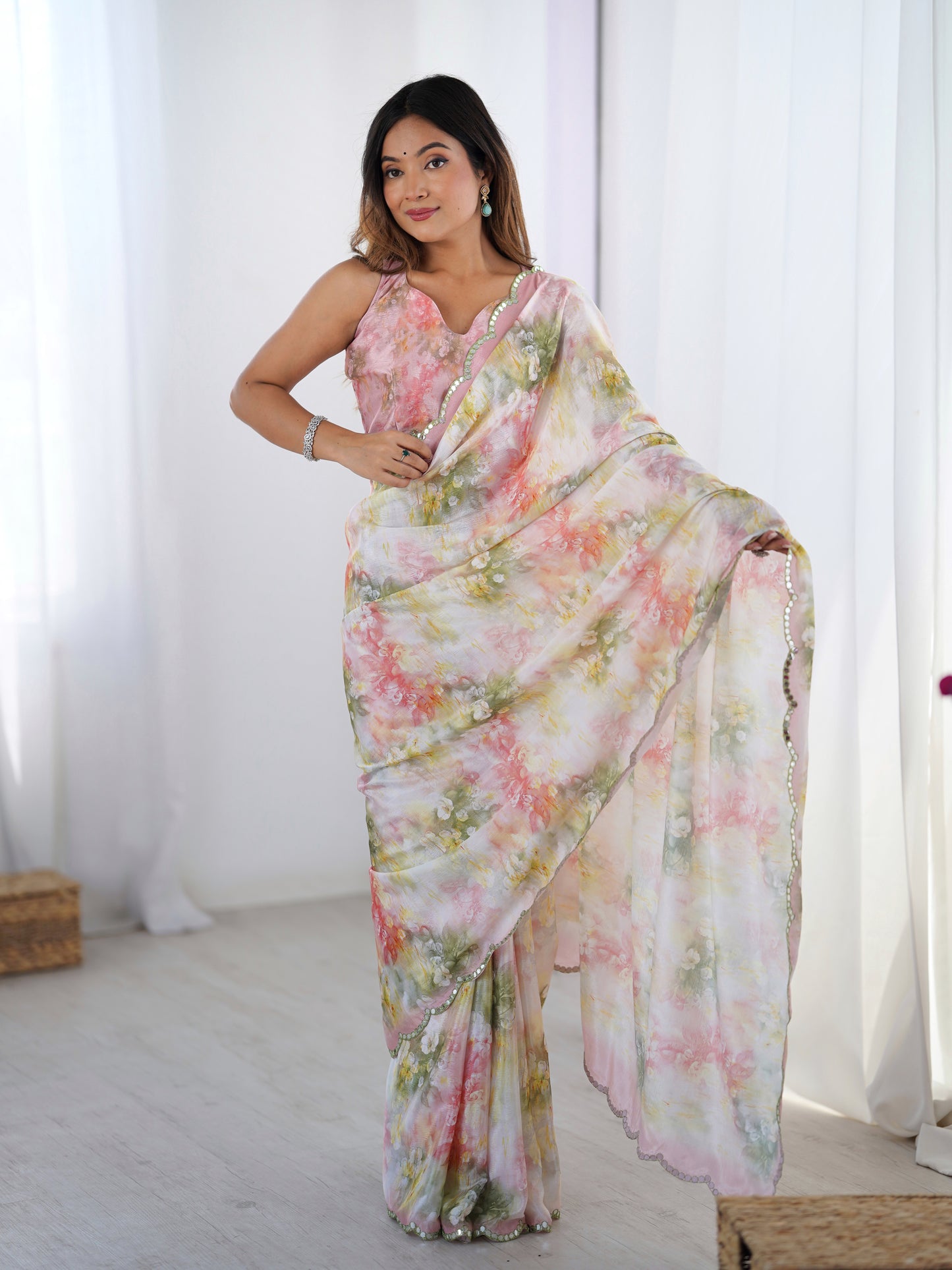 Vibrant Pink Chinon Silk Saree | Digital Printed with Mirror Cut Work