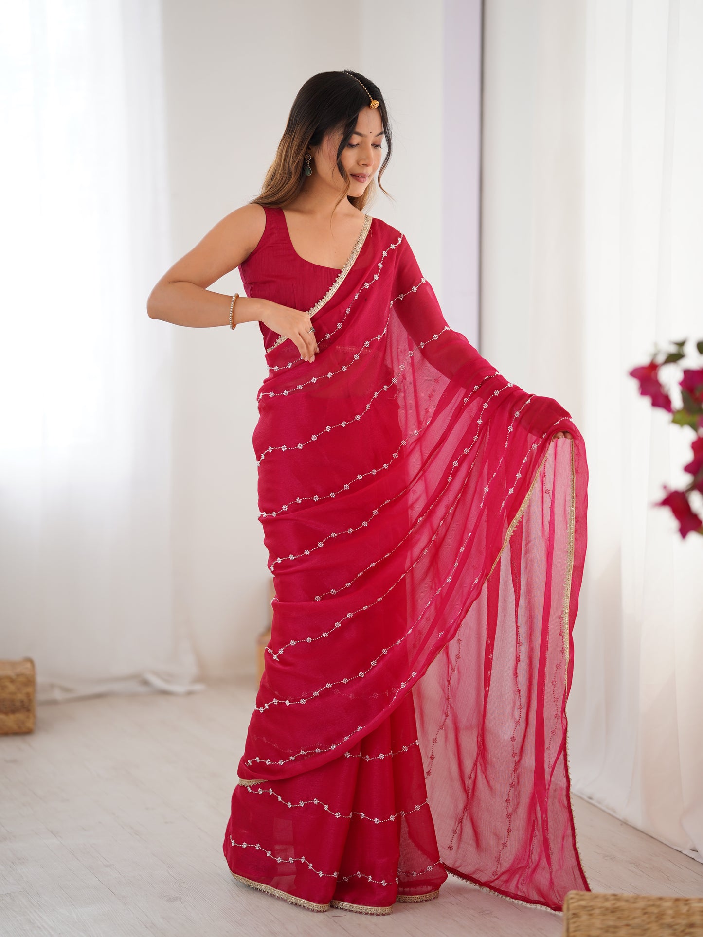 Delicate Pink Sitara Chiffon Saree | Designer Beads Moti & Val Sequance Work