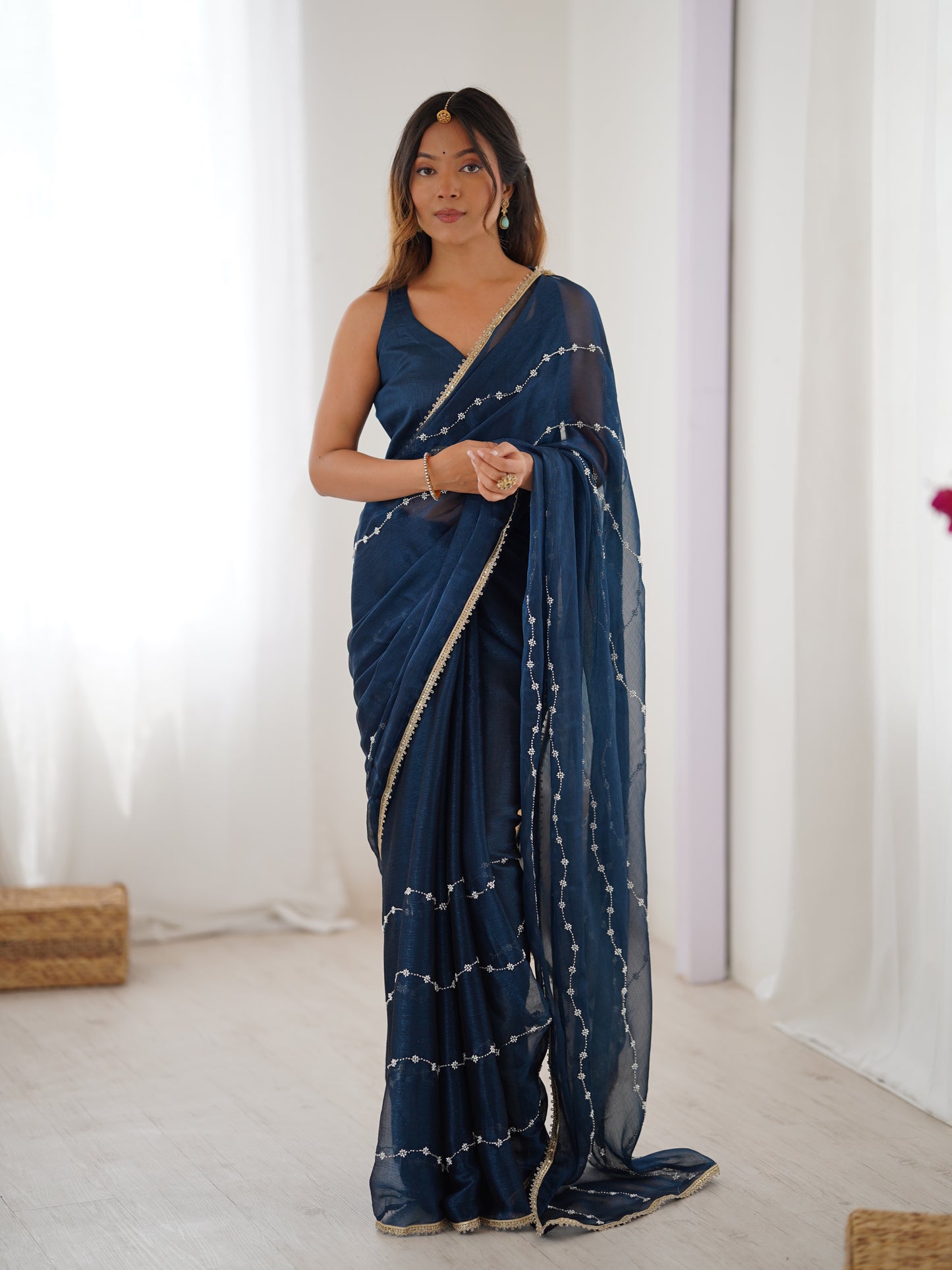 Deep Petrol Sitara Chiffon Saree | Beads Moti & Val Sequance Embroidery with Lace Border
