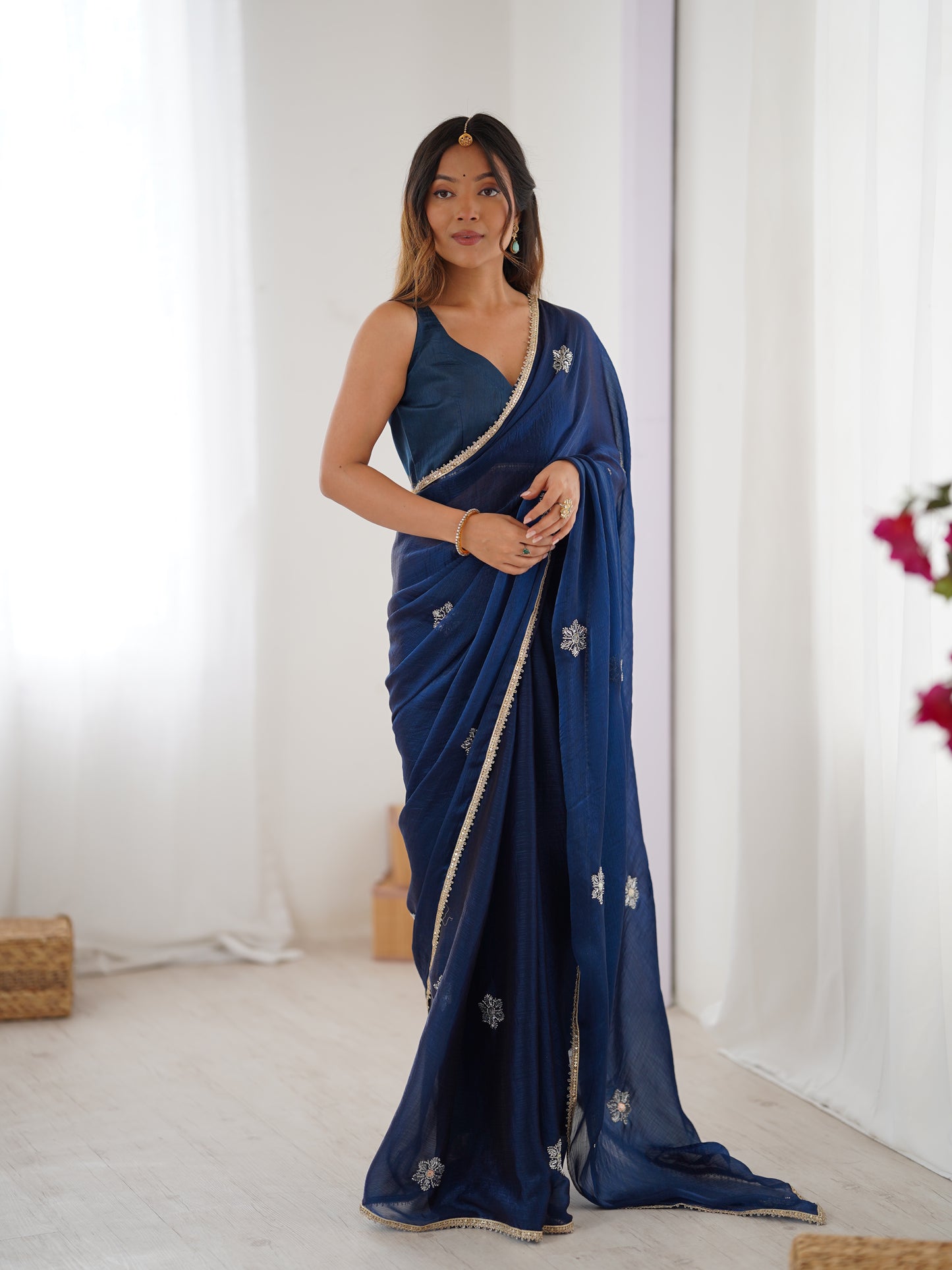 Petrol Fendy Party Wear Saree | Designer Beads Moti & Val Sequin Embroidery