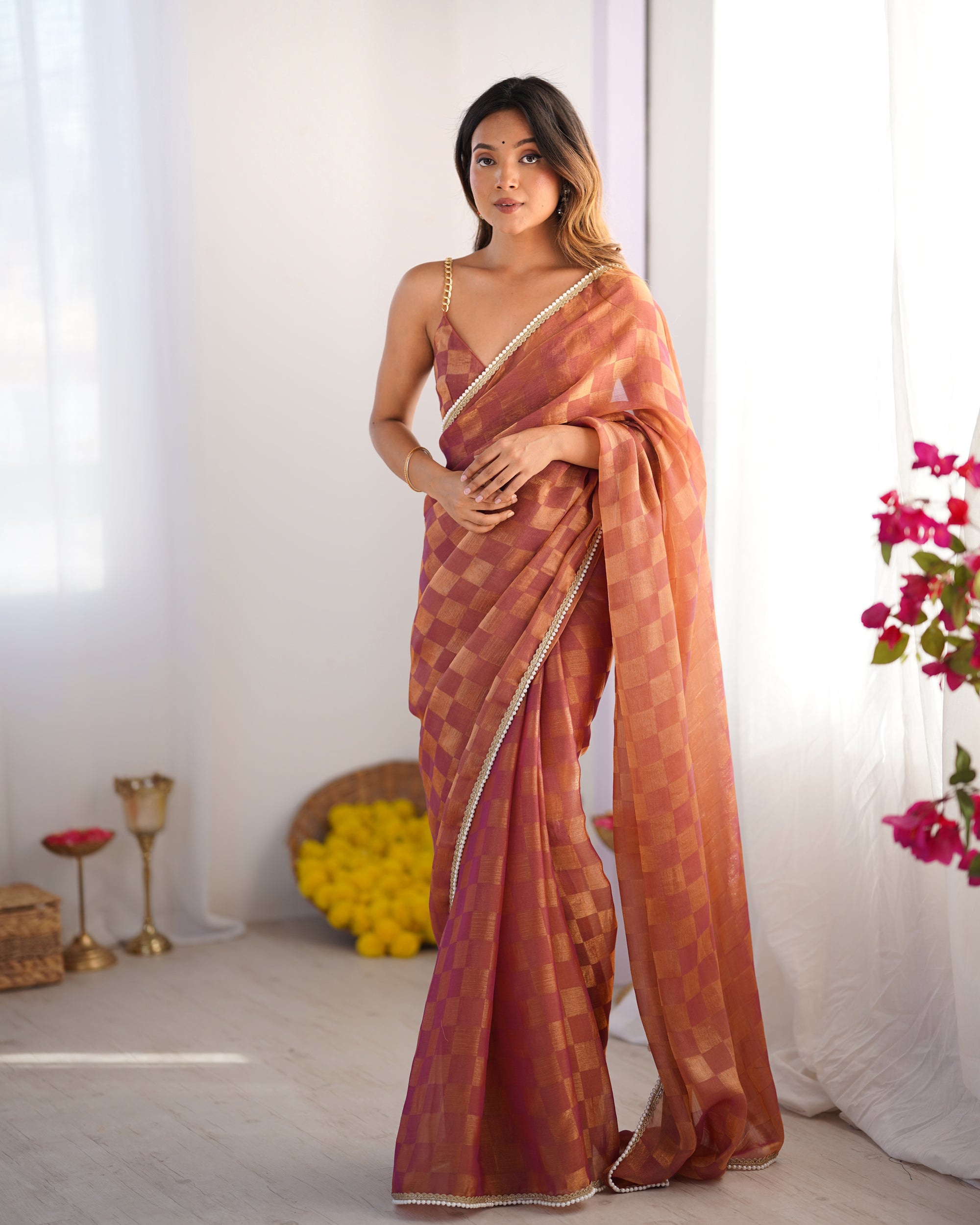 Autumn Rust NC Chiffon Chex Party Wear Saree | Wevon Chex Designer with Moti Lace Border